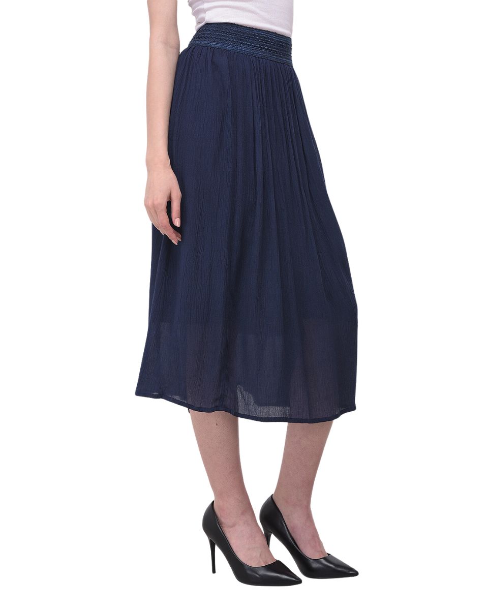 Navy Blue Rayon Pleated Skirt for Women