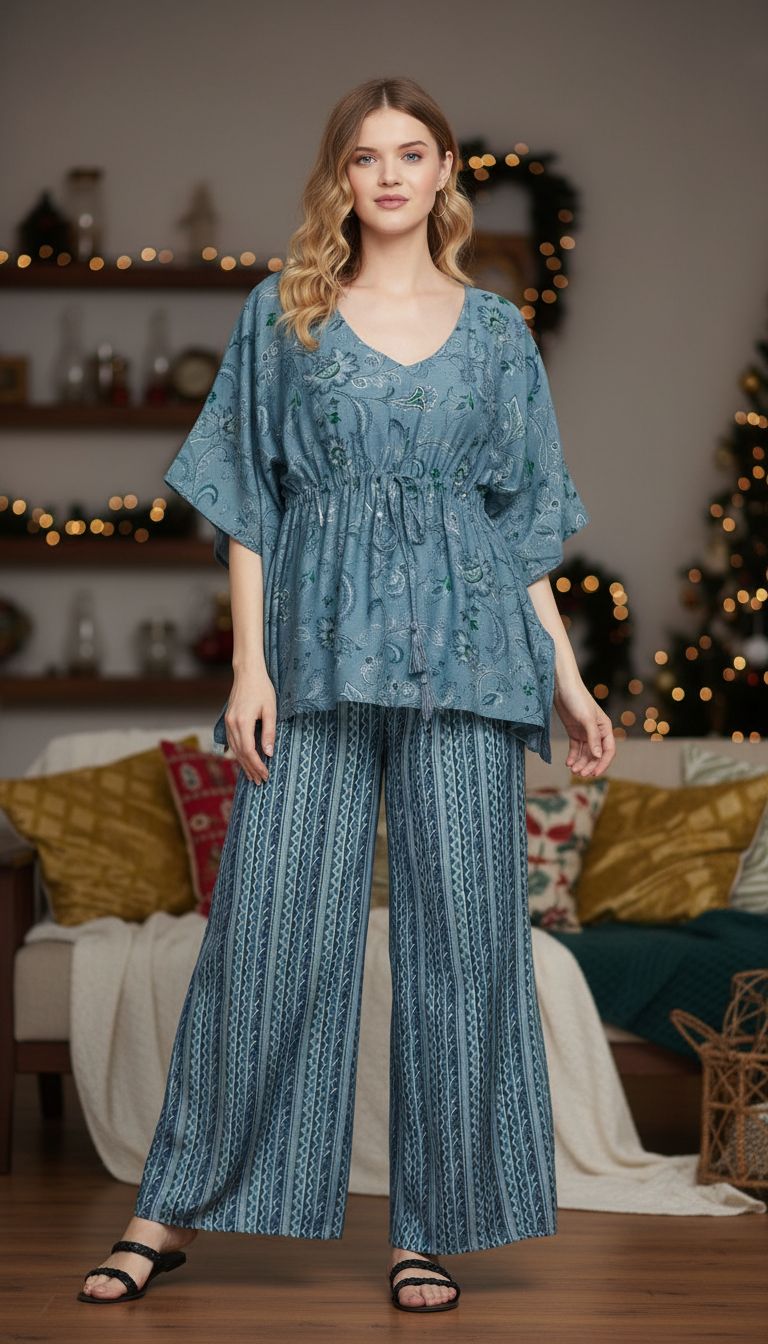 Floral Printed Blue Muslin Foil Cord Set For Women