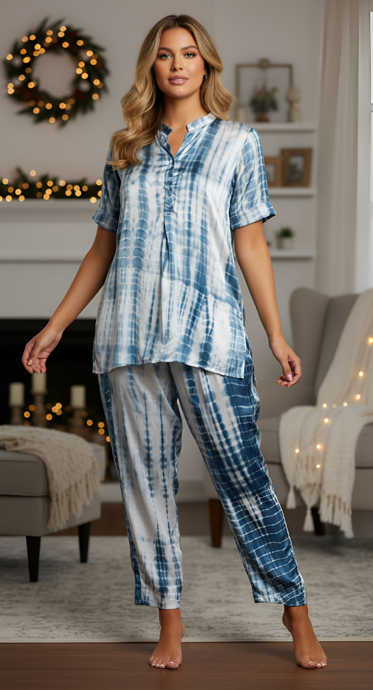 Tie Dye Printed Blue Satin Cord Set For Women