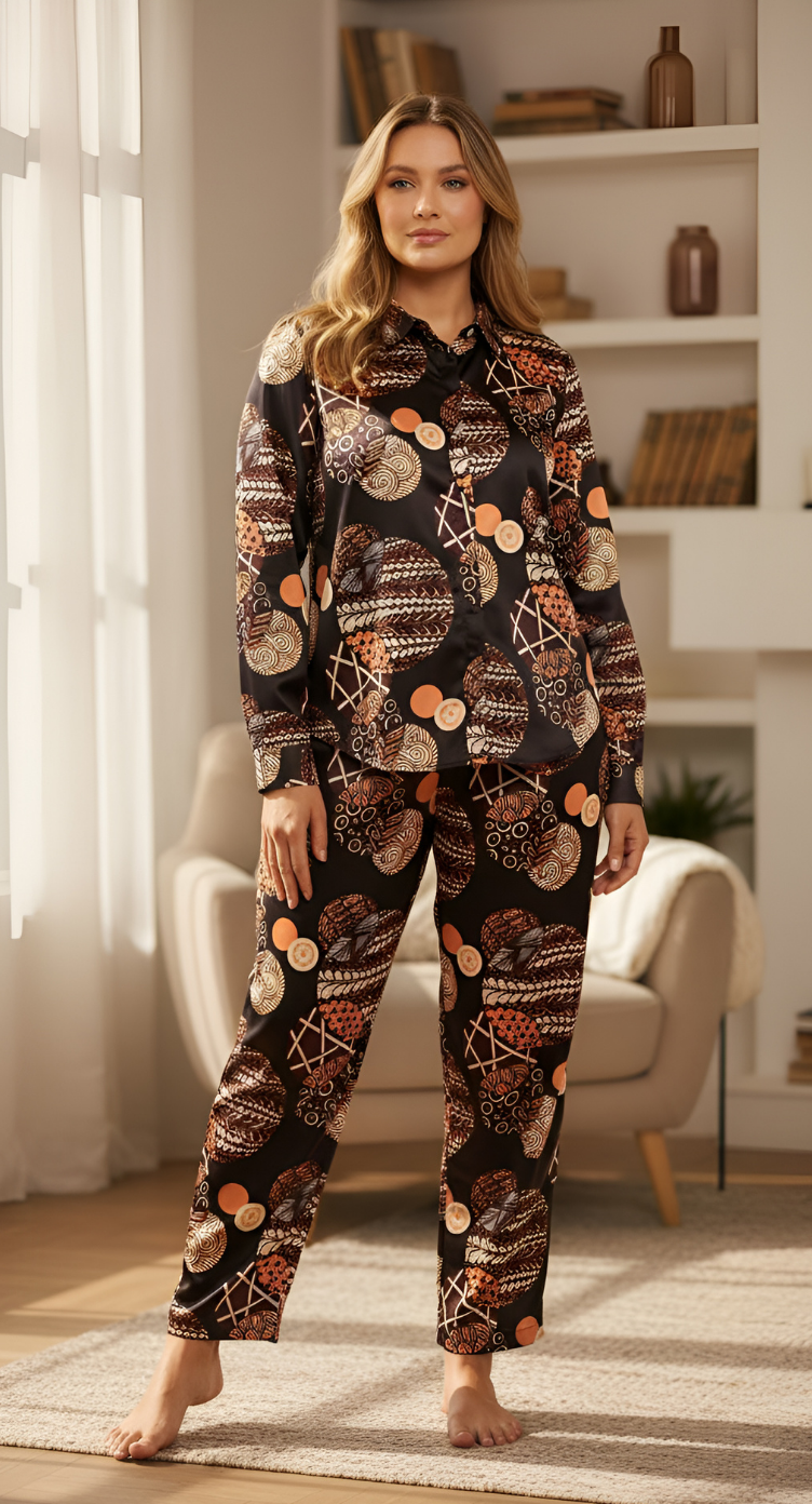 Geometric Printed Black Satin Cord Set For Women