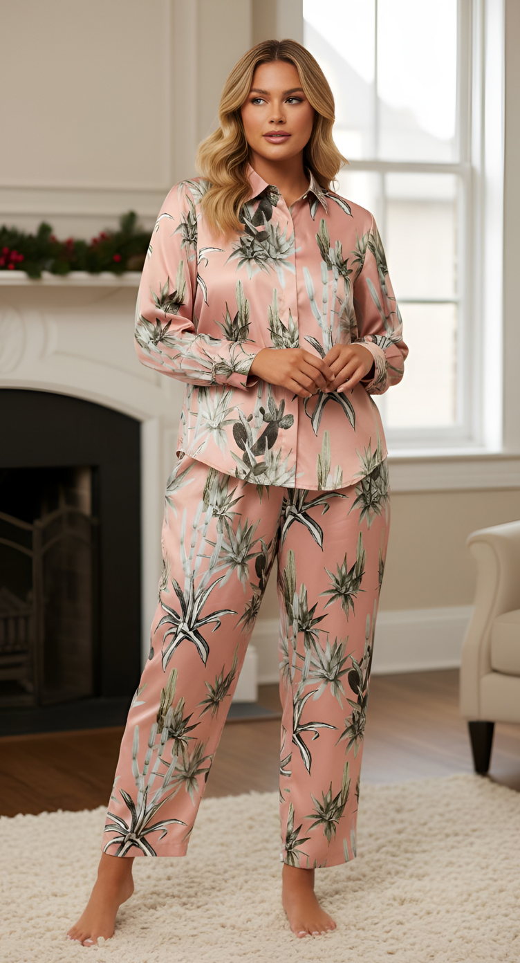 Floral Printed Beige Satin Cord Set For Women