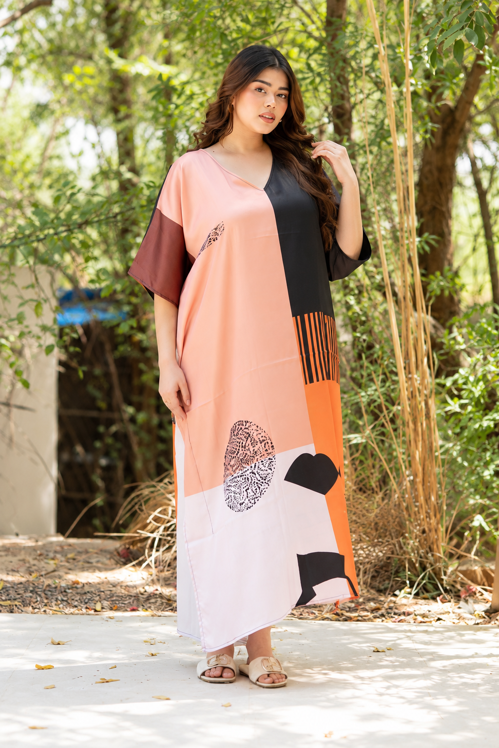 Baby Pink Color Block Satin Plus Size Kaftan Dress for Women 1X-3X | GypsieBlu