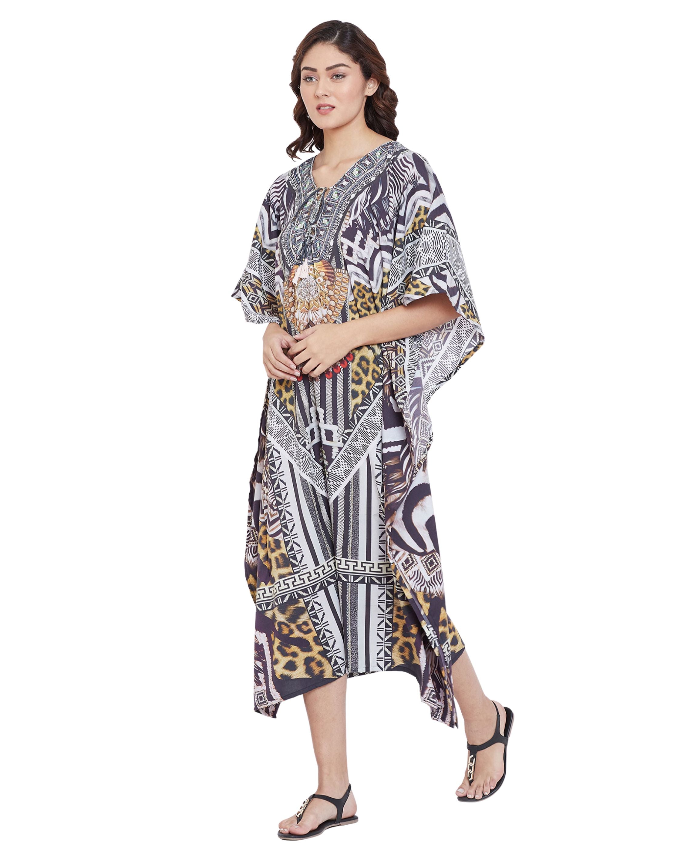 Stripe Print Polyester Black Digital Kaftan for Plus Size Women