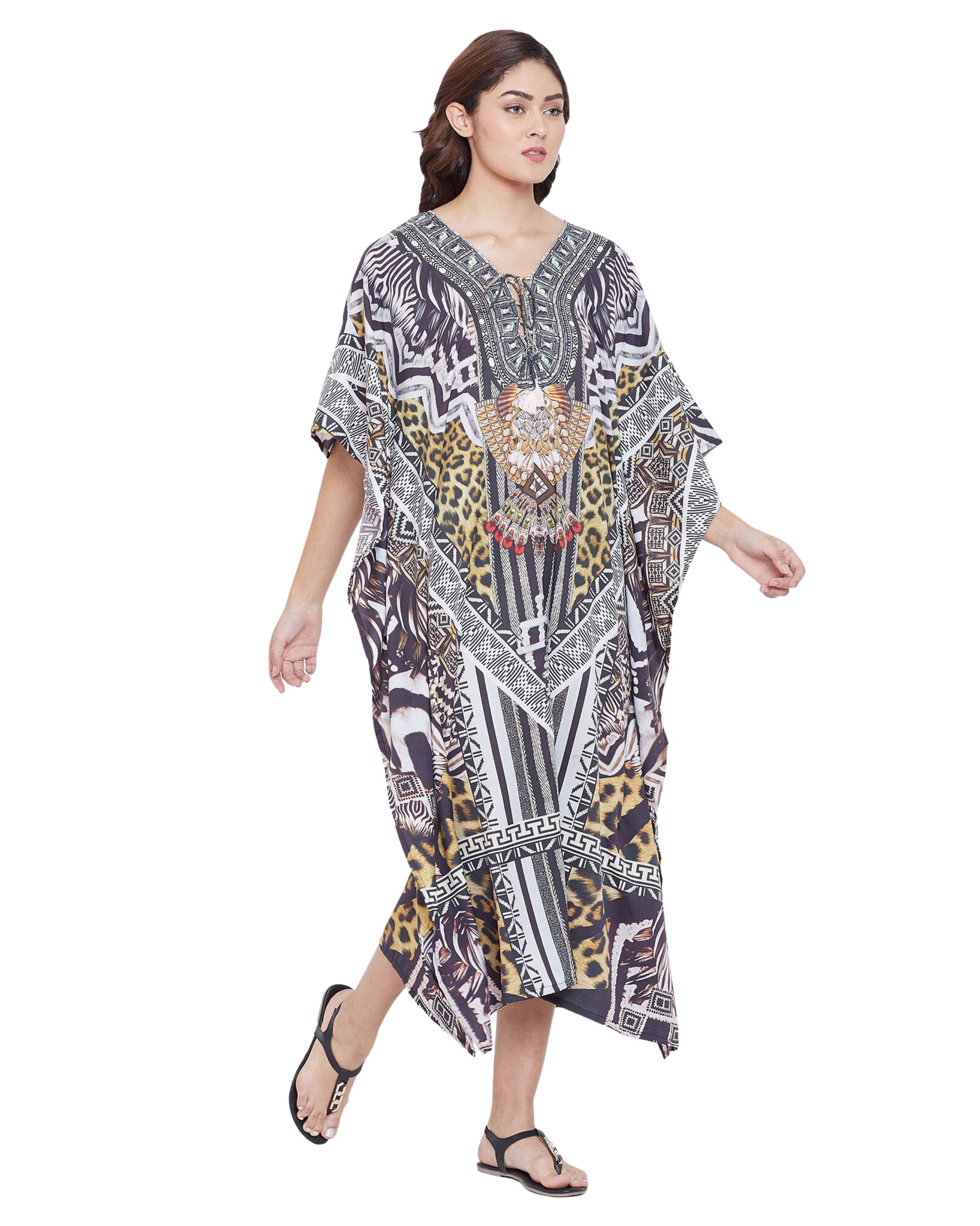 Stripe Print Polyester Black Digital Kaftan for Plus Size Women