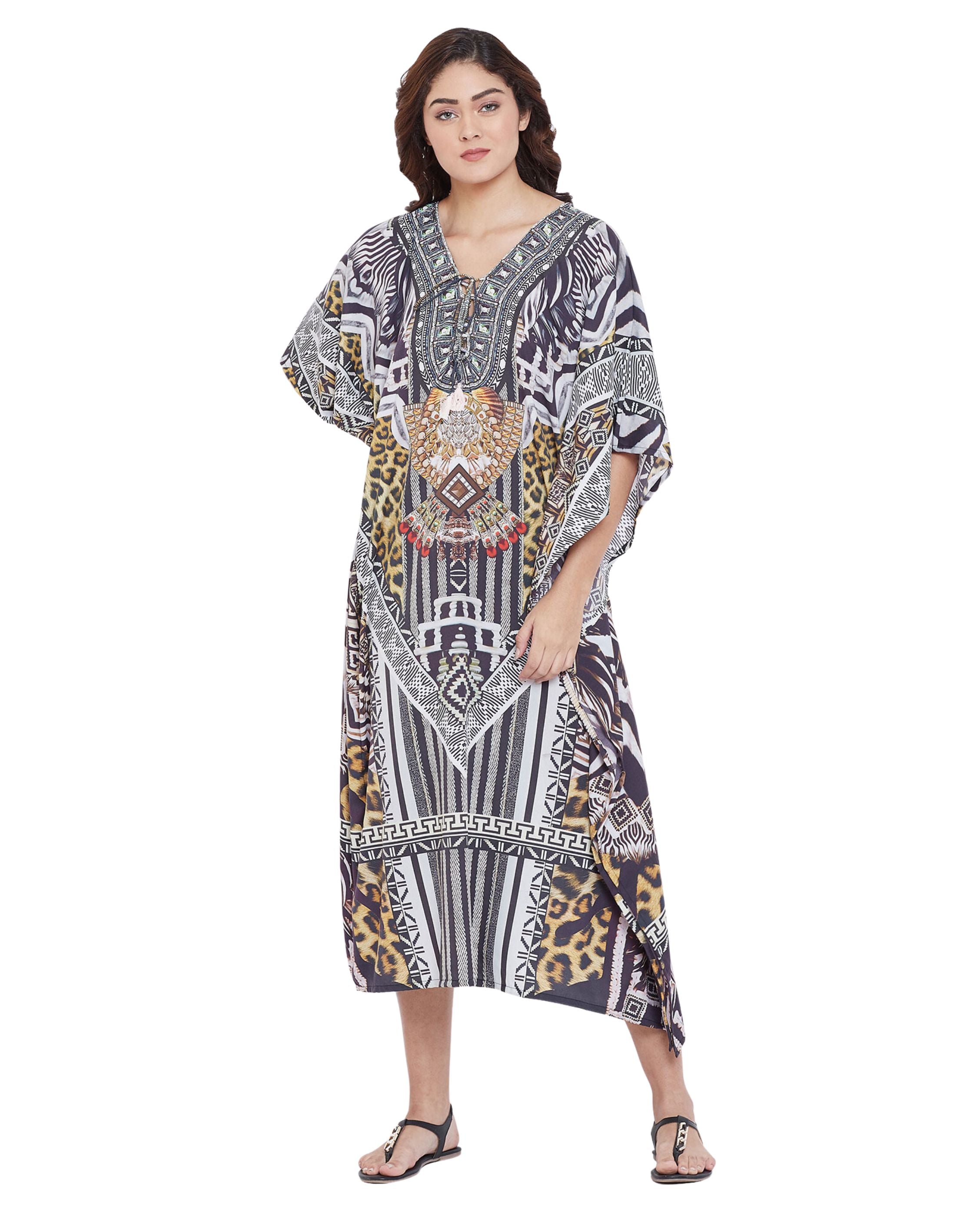Stripe Print Polyester Black Digital Kaftan for Plus Size Women