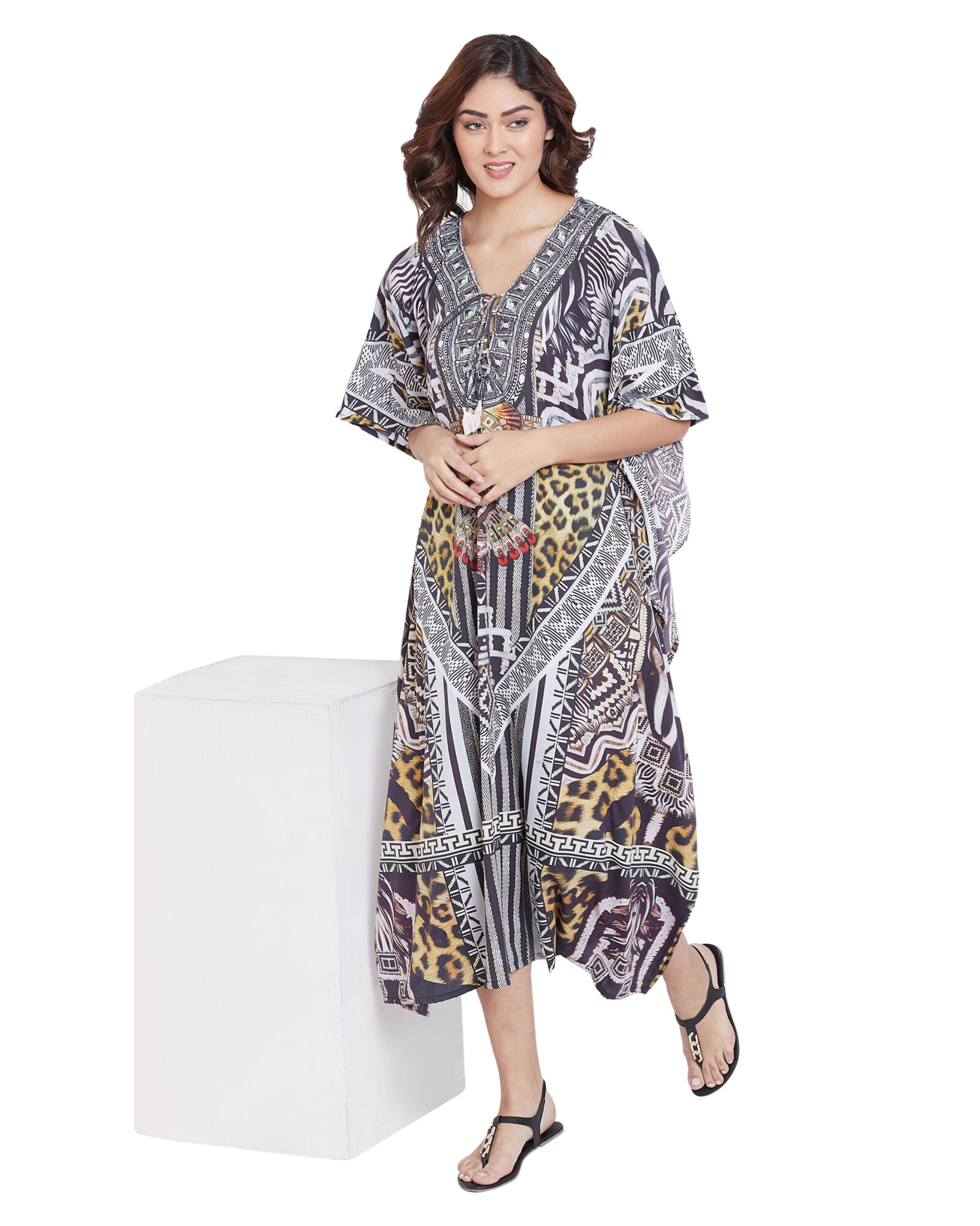 Stripe Print Polyester Black Digital Kaftan for Plus Size Women
