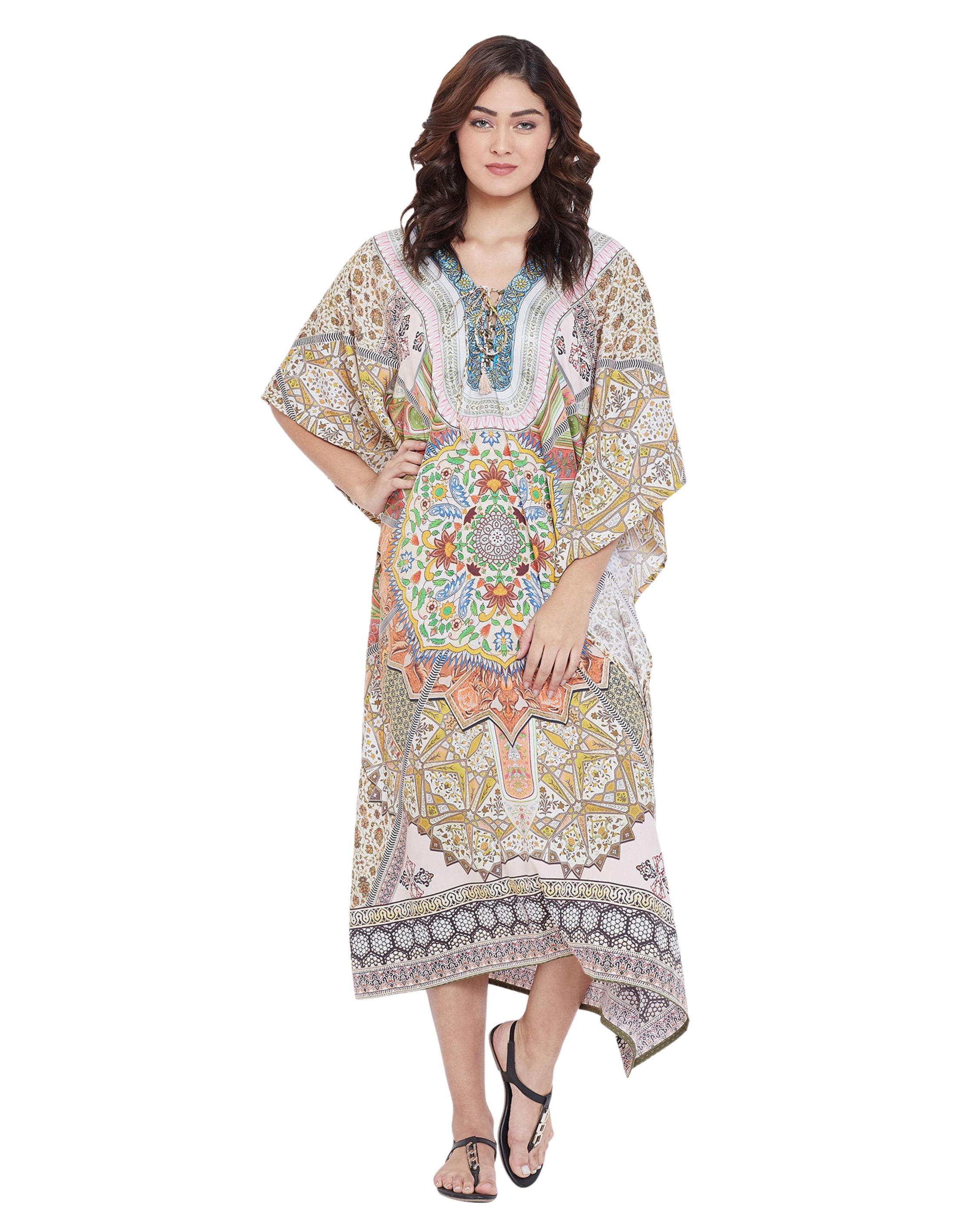 Floral Print Yellow Polyester Plus Size Digital Kaftan Dress For Women