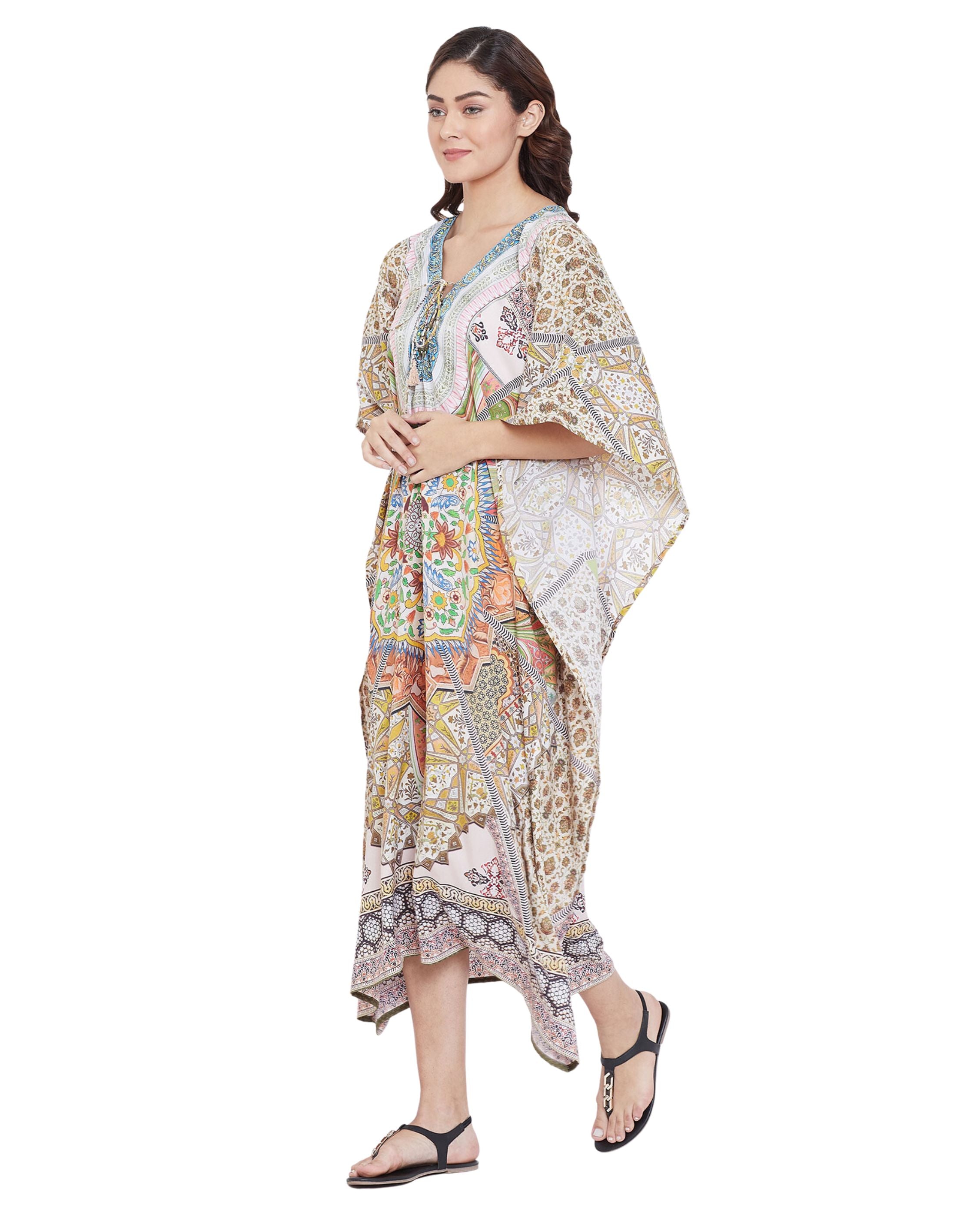 Floral Print Yellow Polyester Plus Size Digital Kaftan Dress For Women