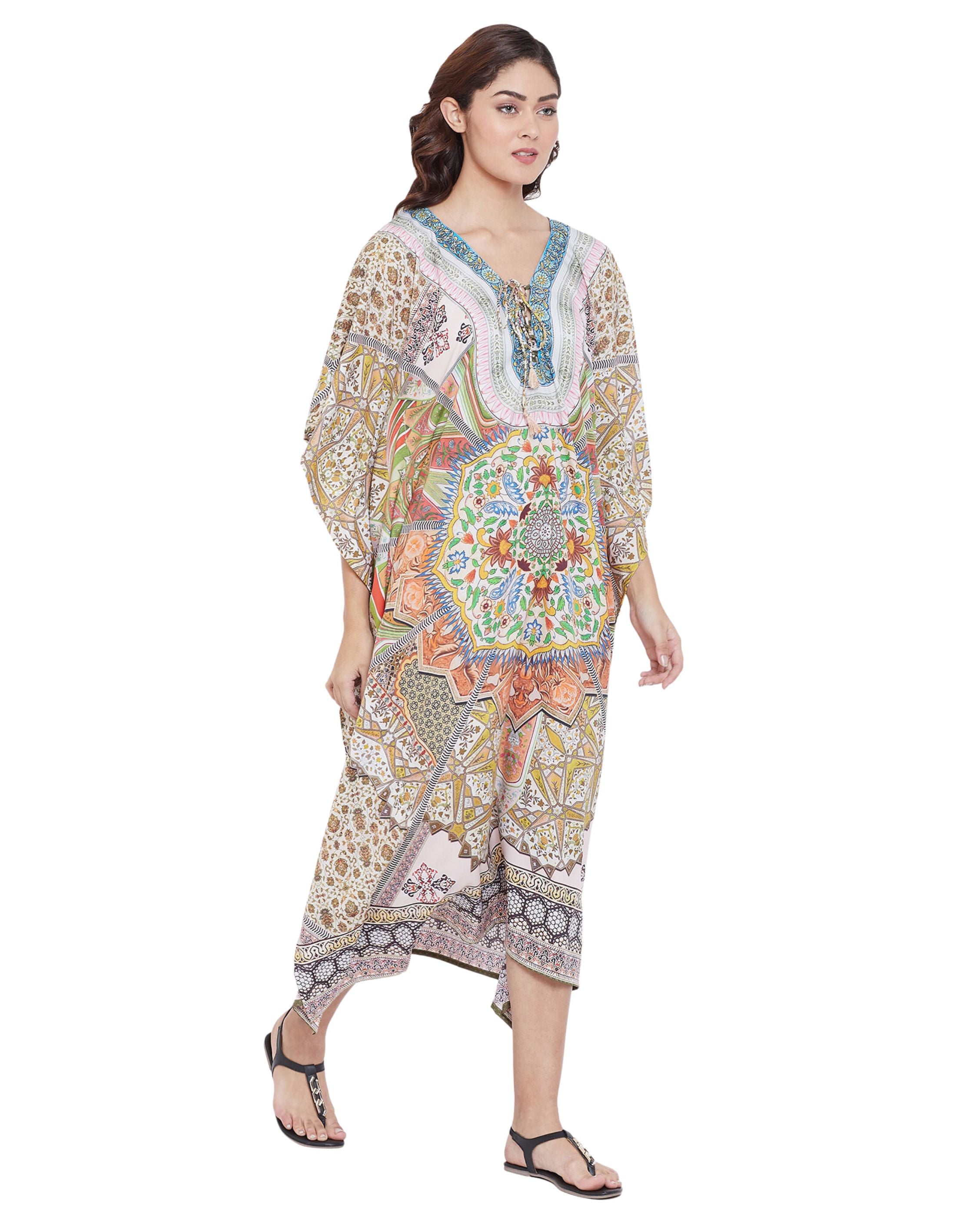 Floral Print Yellow Polyester Plus Size Digital Kaftan Dress For Women