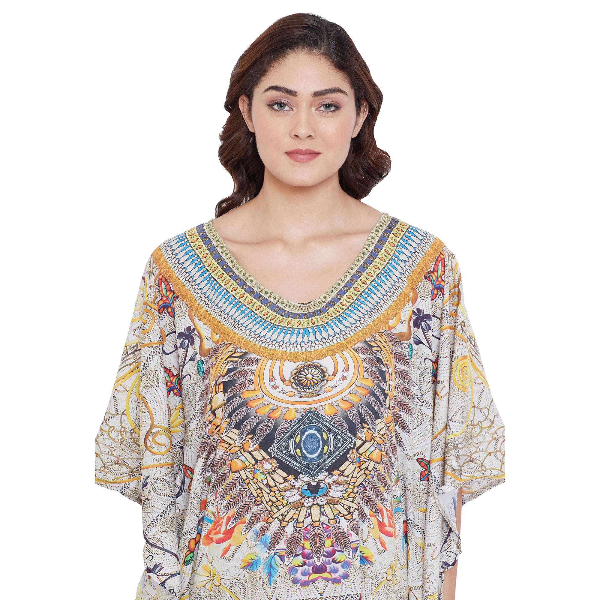 Beige Digital Print Resort Wear Hippie Boho Plus Size Kaftan For Women