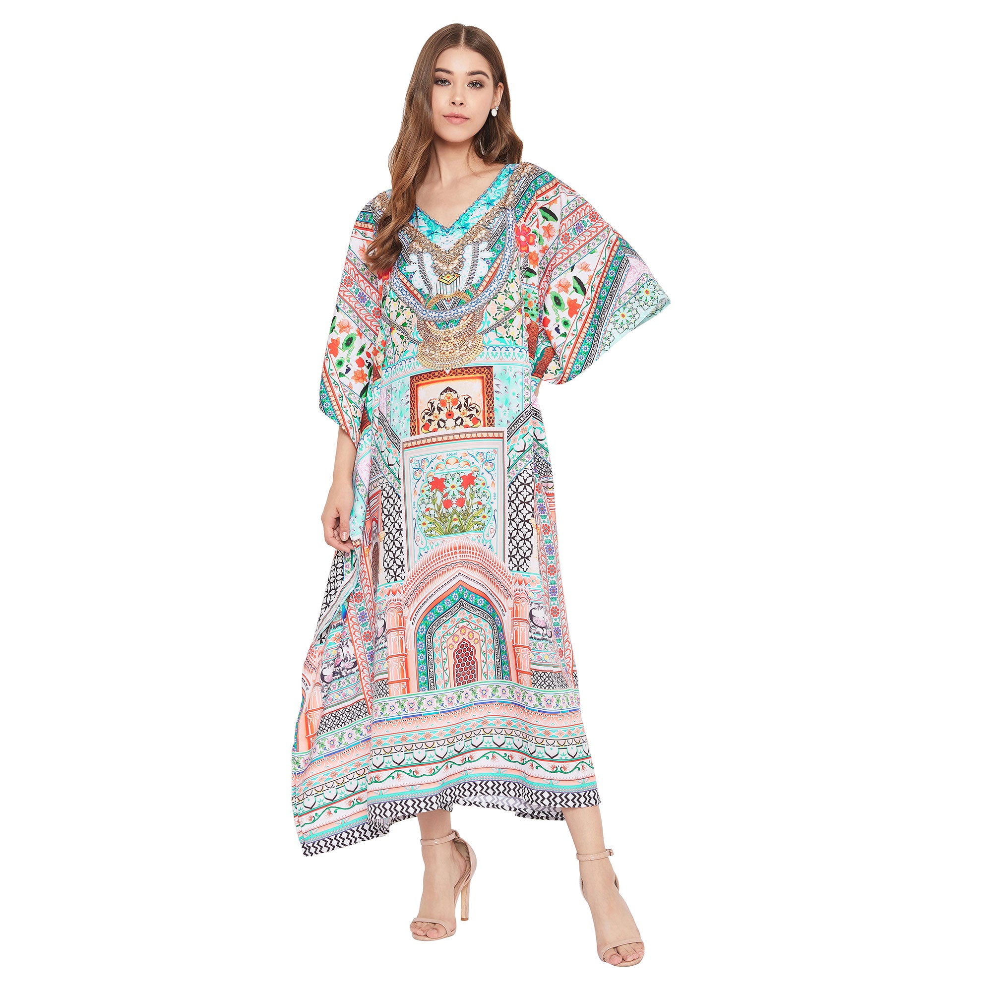 Sky Blue Boho Sundress Kimono Polyester Kaftan For Plus Size Women