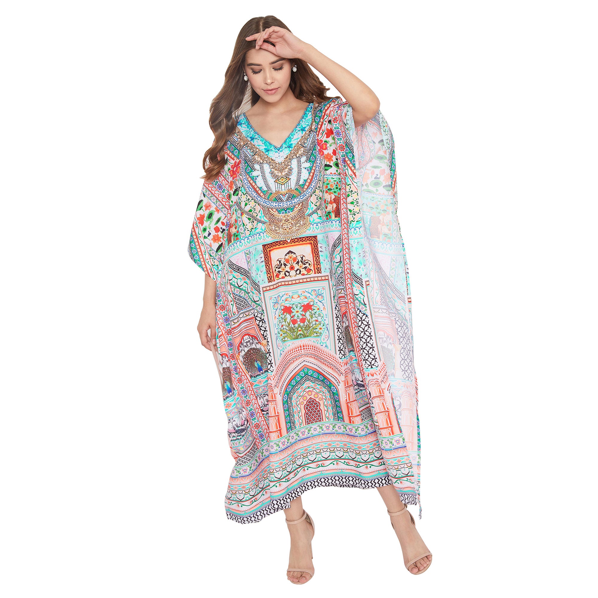 Sky Blue Boho Sundress Kimono Polyester Kaftan For Plus Size Women