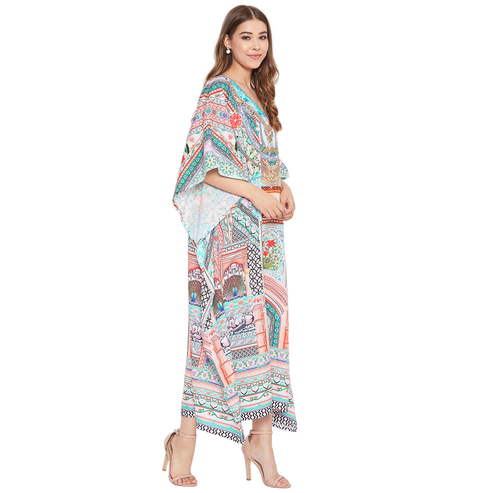 Sky Blue Boho Sundress Kimono Polyester Kaftan For Plus Size Women