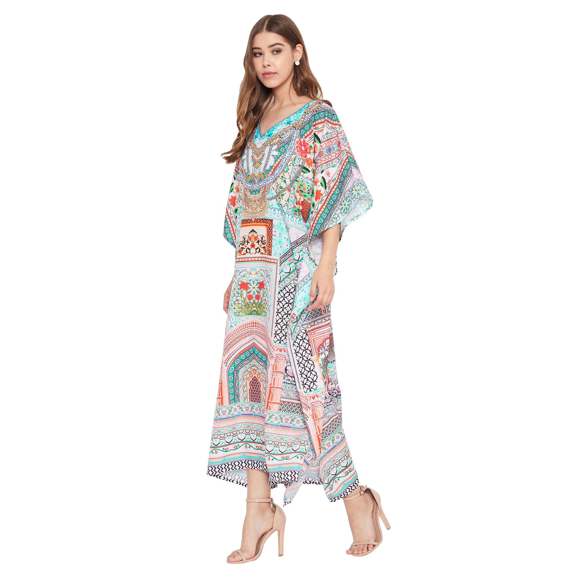 Sky Blue Boho Sundress Kimono Polyester Kaftan For Plus Size Women
