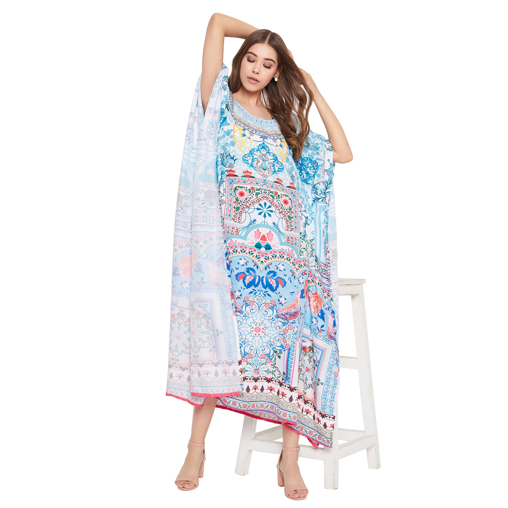 Sky Blue Digital Print Long Maxi Kaftan For Plus Size Women