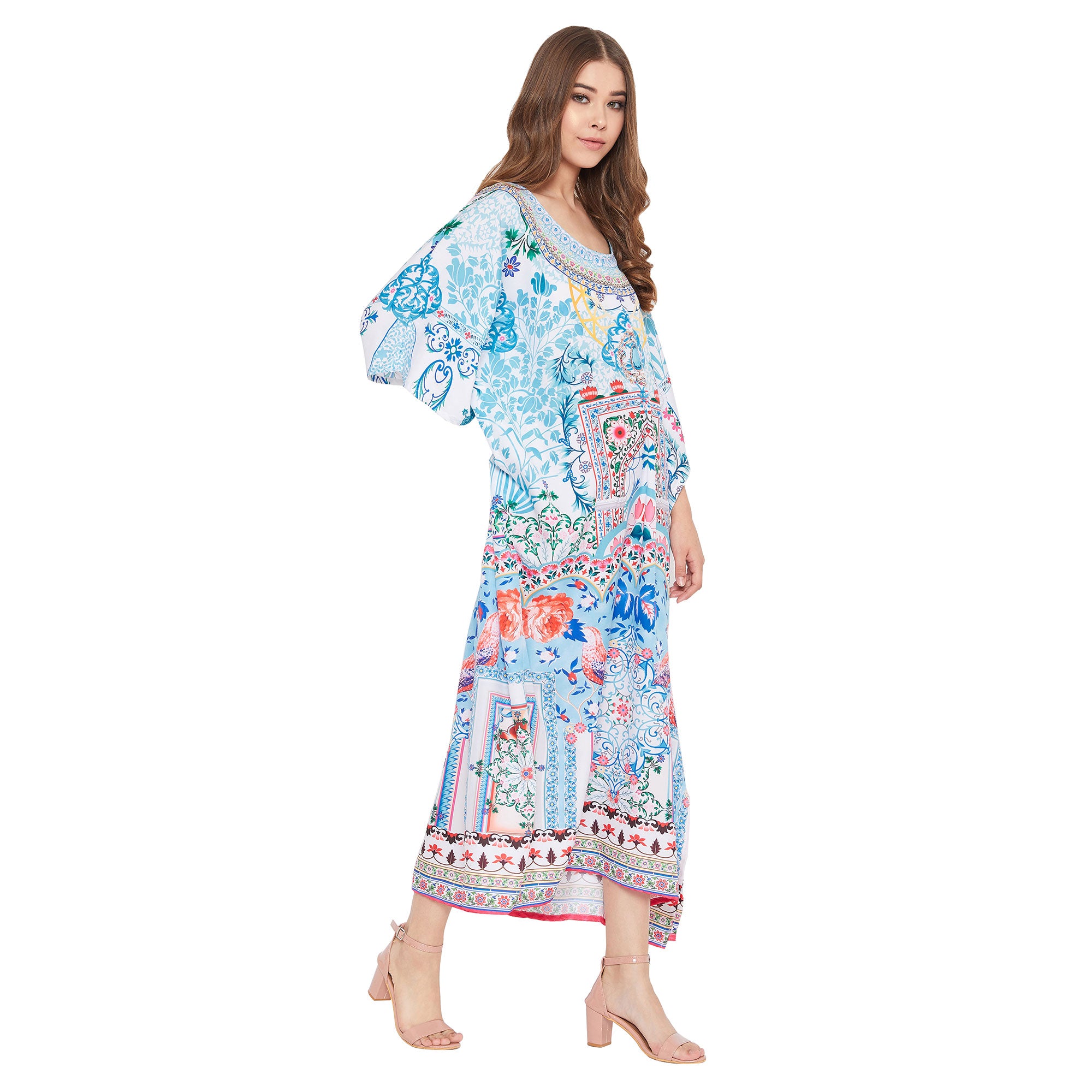 Sky Blue Digital Print Long Maxi Kaftan For Plus Size Women