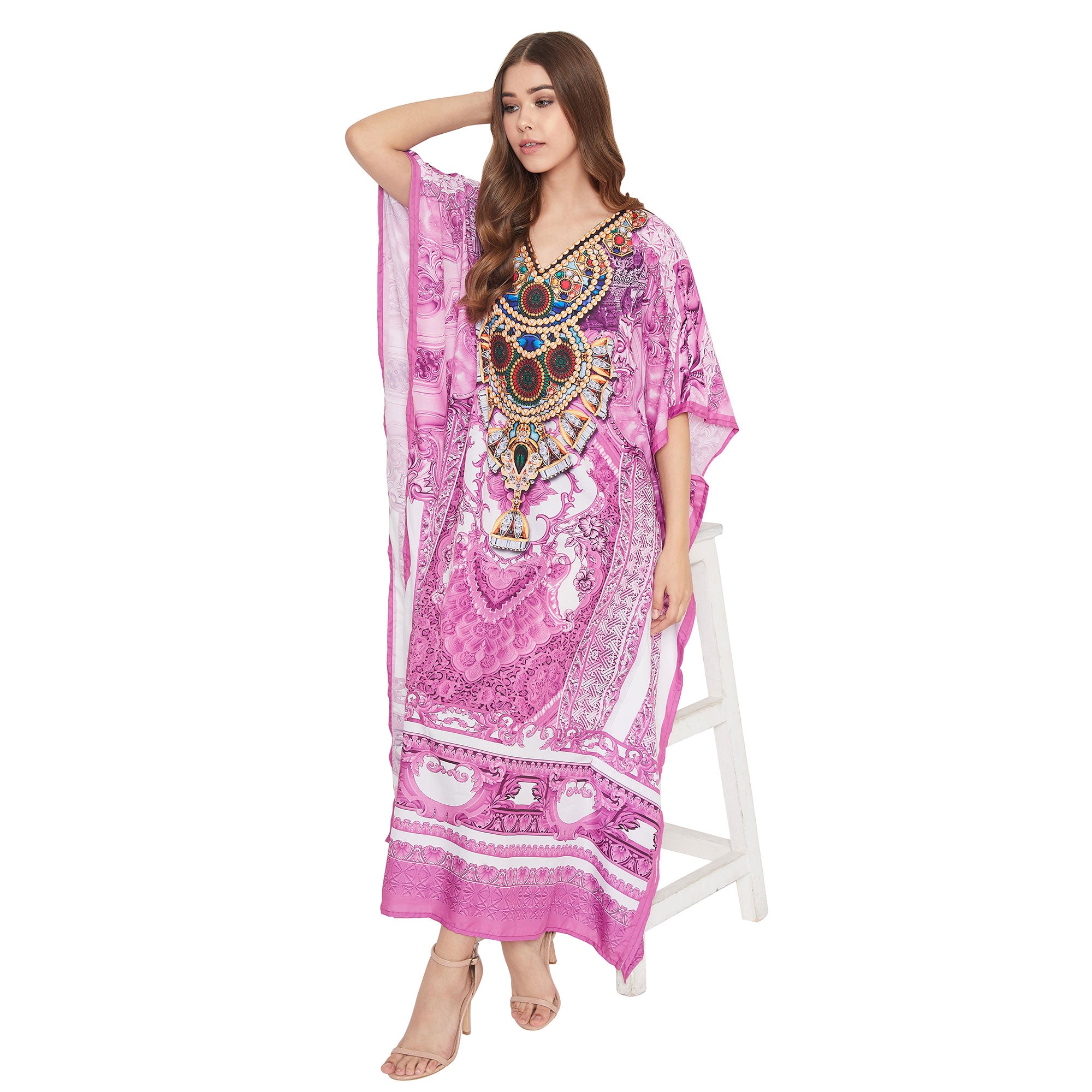 Pink Floral Print Plus Size Resort Wear Caftan For Women