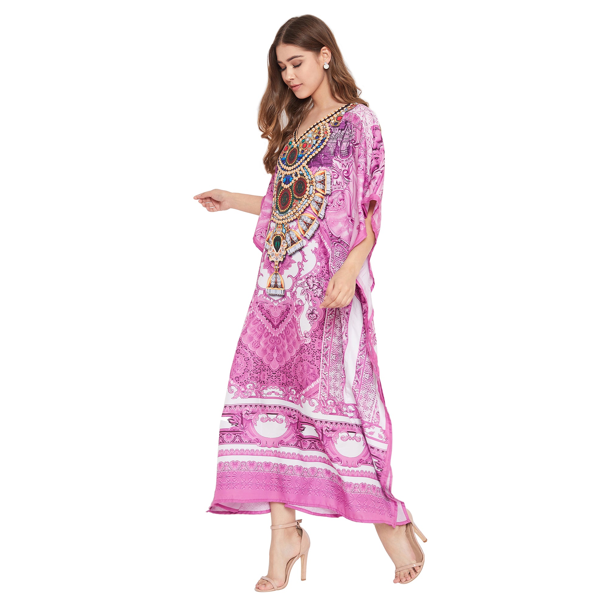 Pink Floral Print Plus Size Resort Wear Caftan For Women