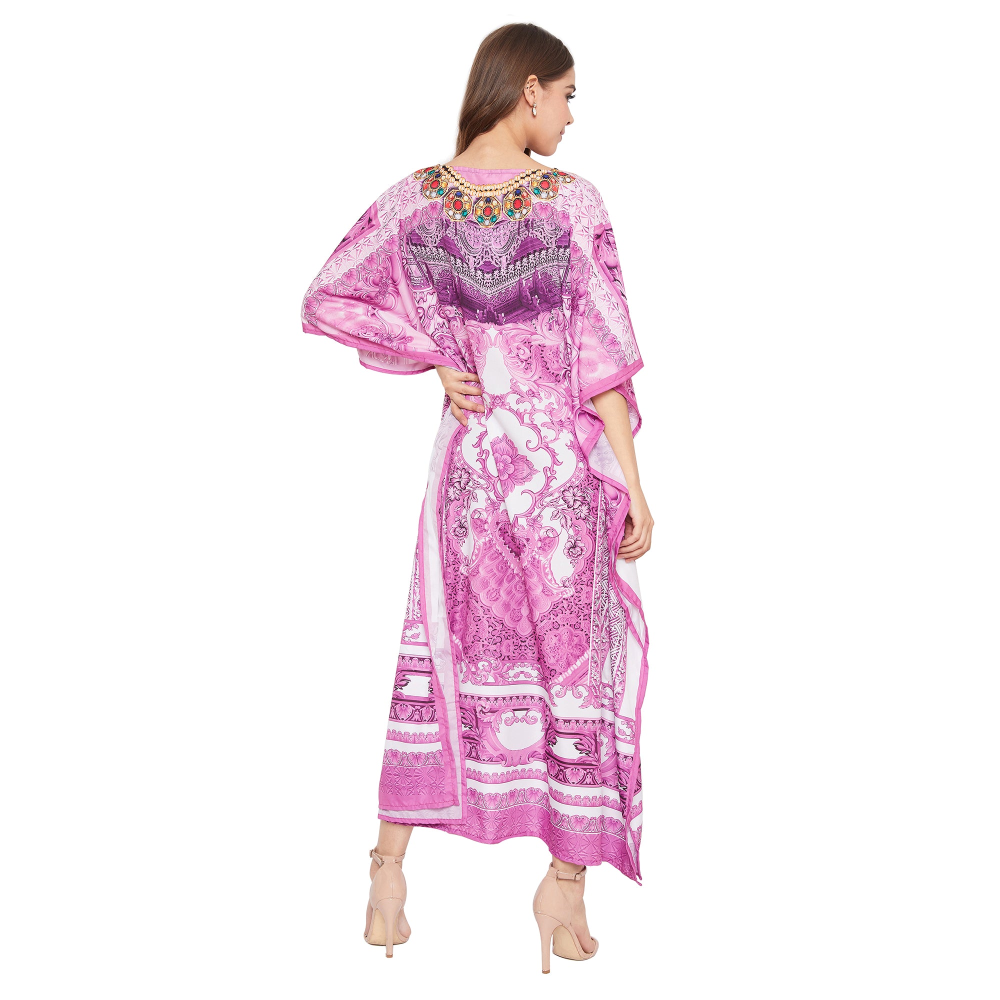 Pink Floral Print Plus Size Resort Wear Caftan For Women