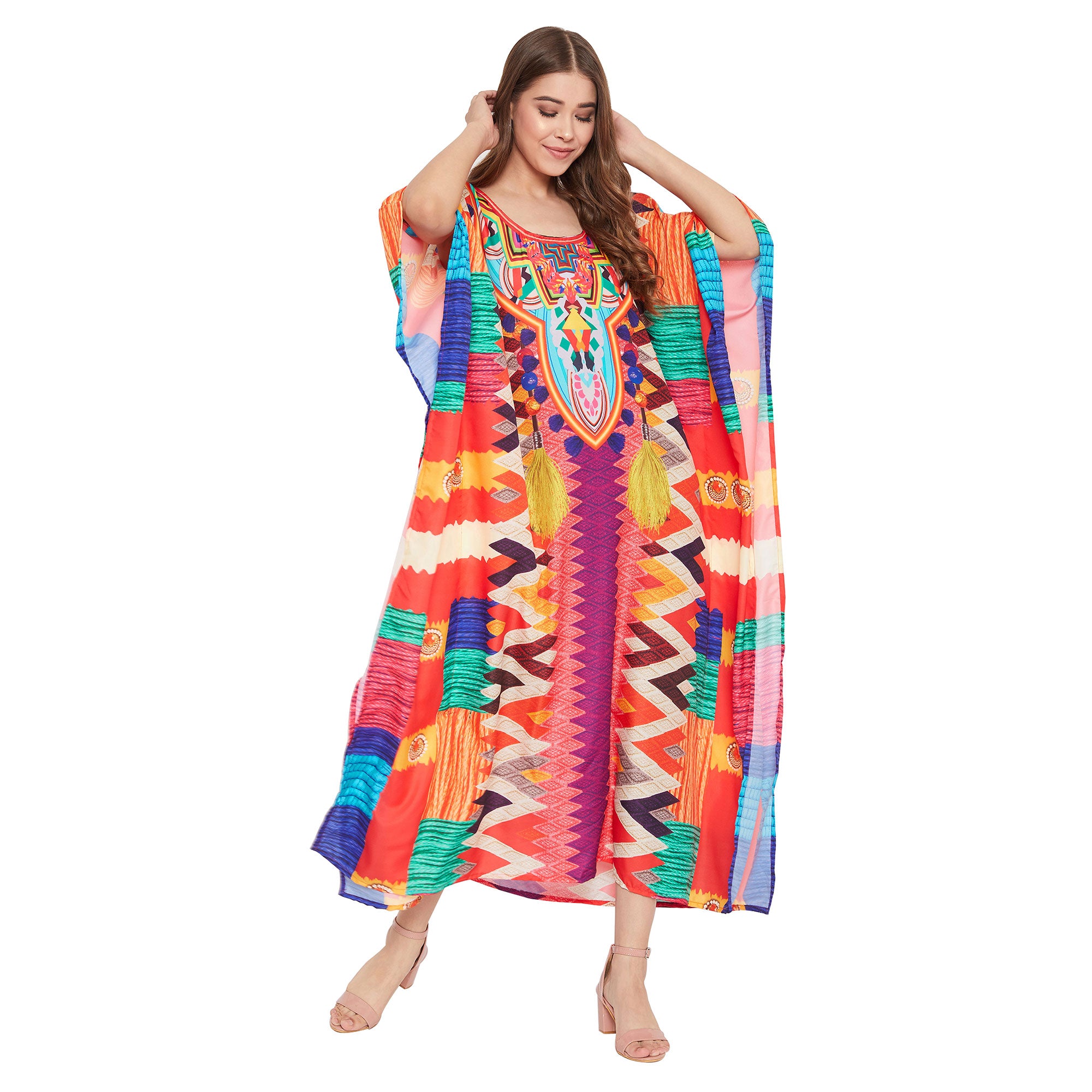 Multicolor Geometric Print Polyester Resort Kaftan For Plus Size Women