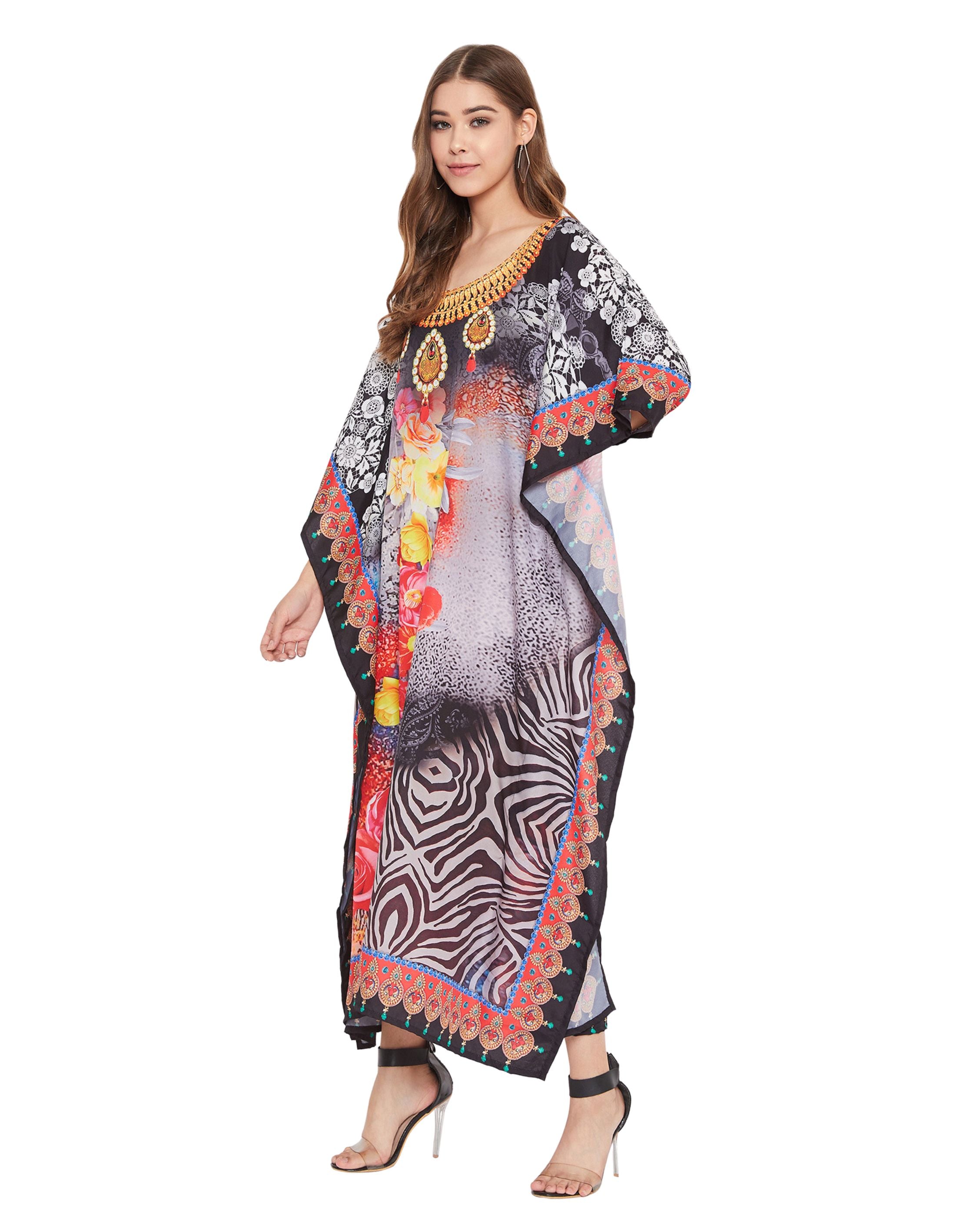 Floral Printed Black Polyester Digital Kaftan For Plus Size Women