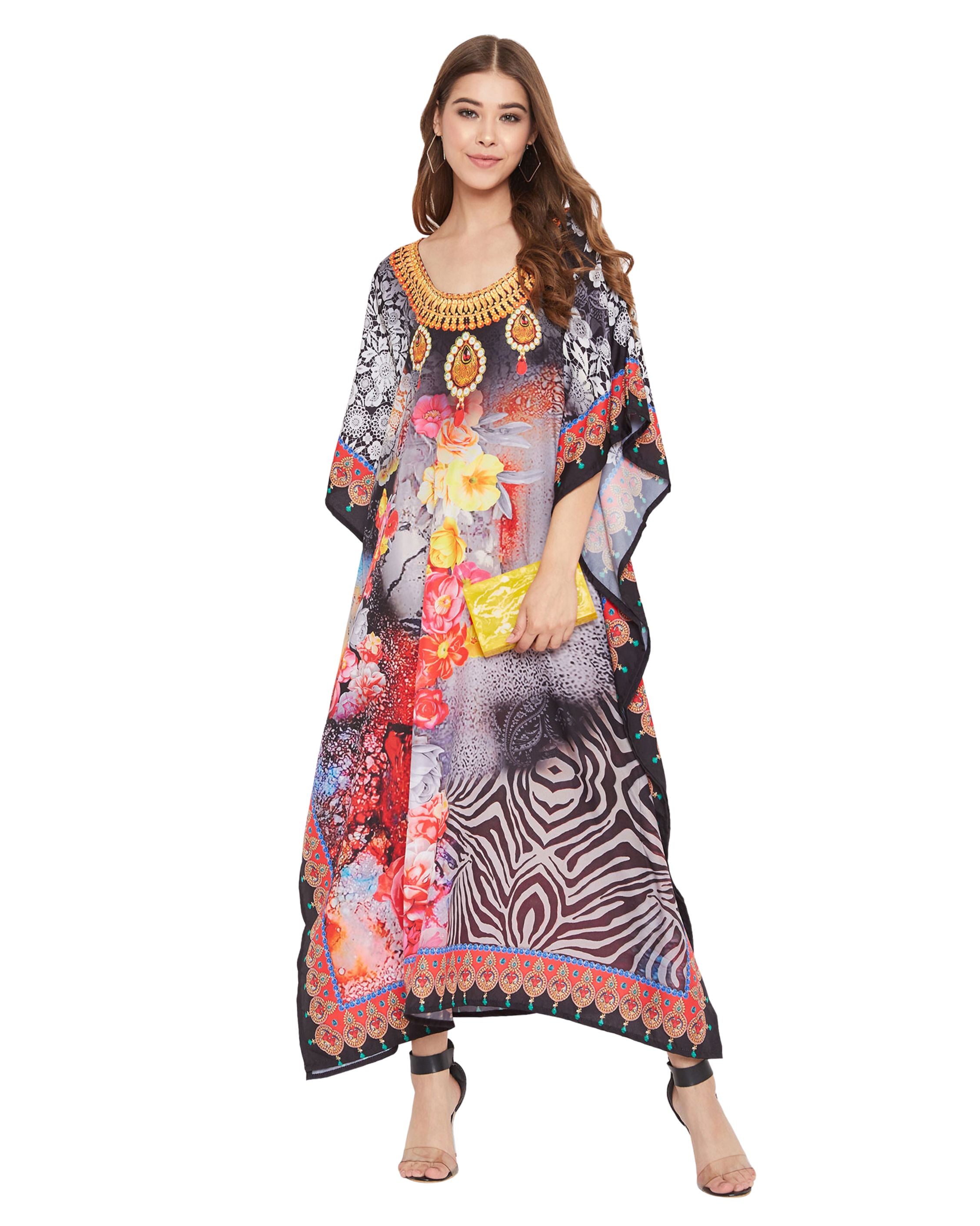 Floral Printed Black Polyester Digital Kaftan For Plus Size Women