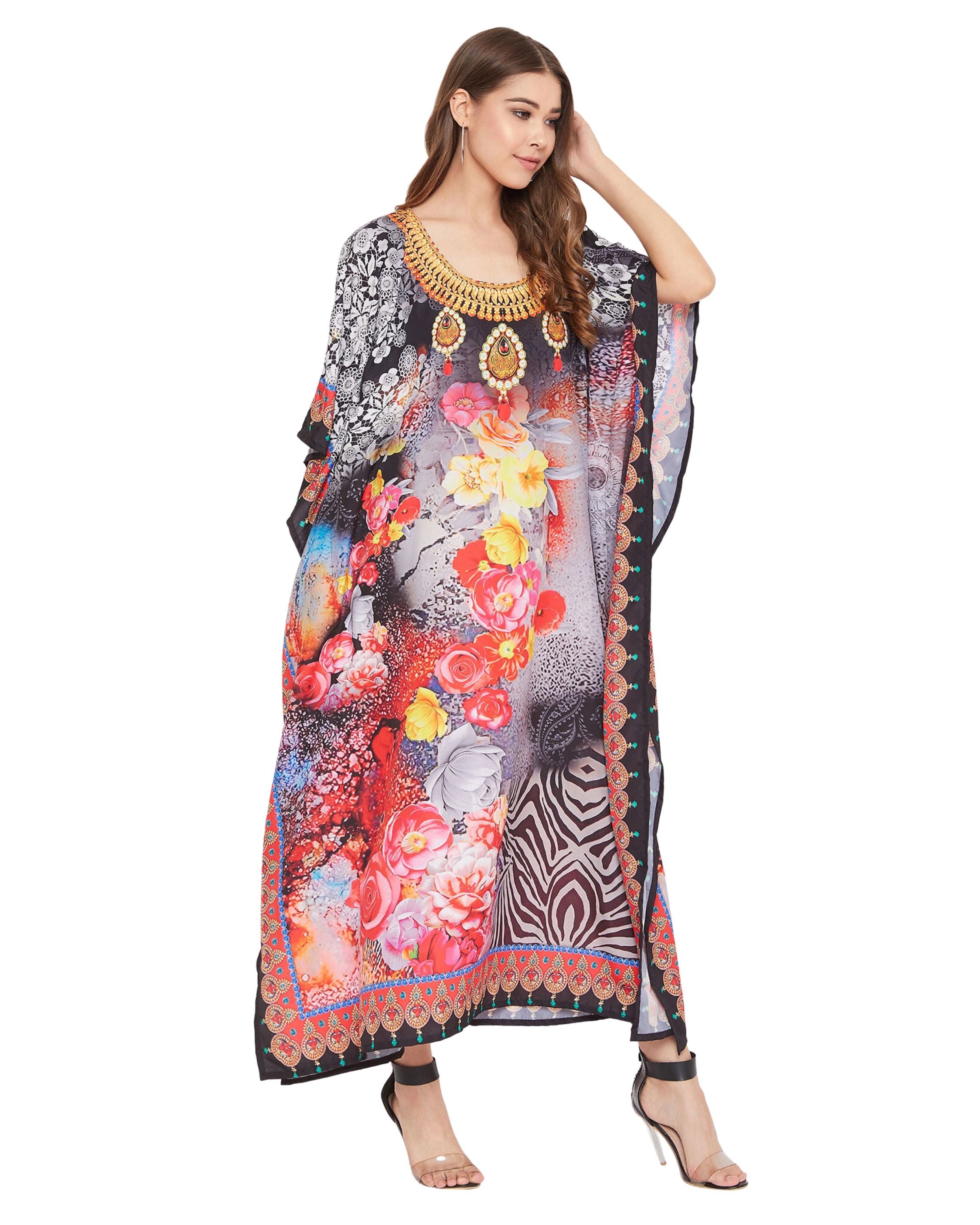 Floral Printed Black Polyester Digital Kaftan For Plus Size Women