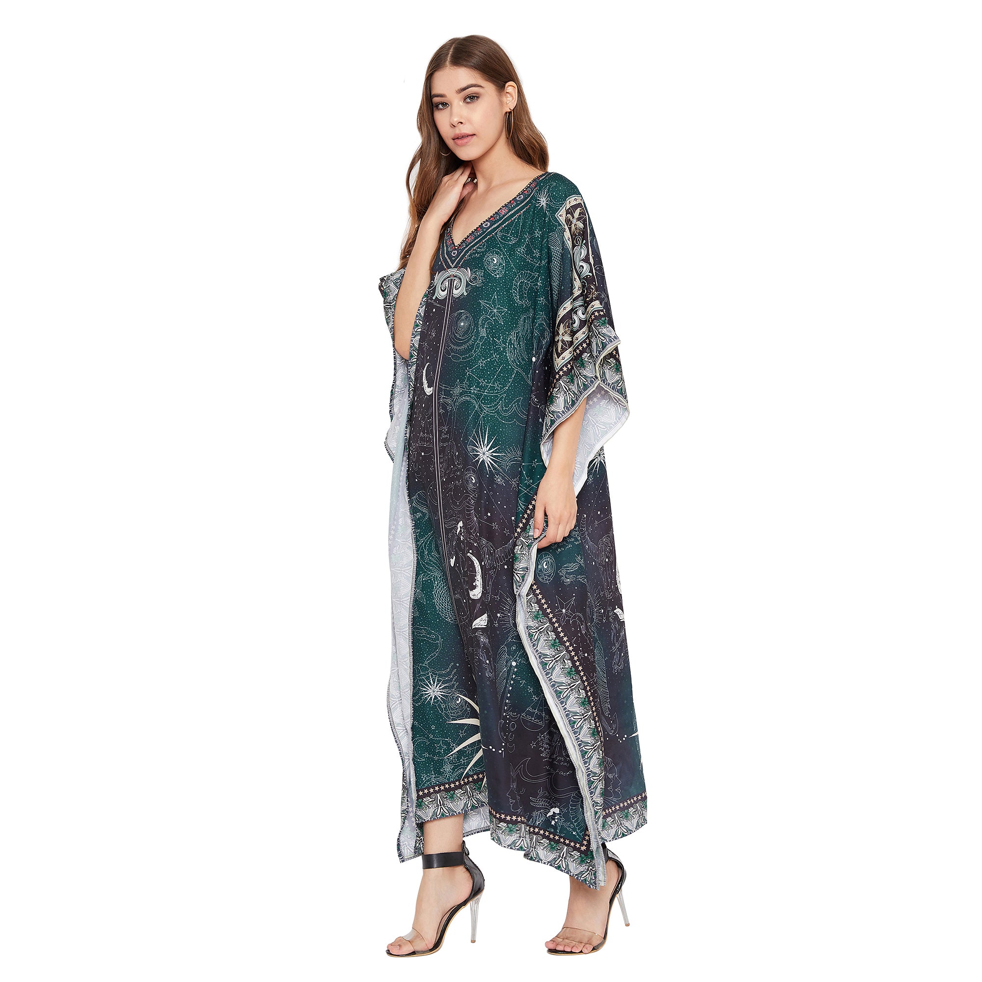 Teal Zodiac Pattern Polyester Kaftan For Plus Size Women