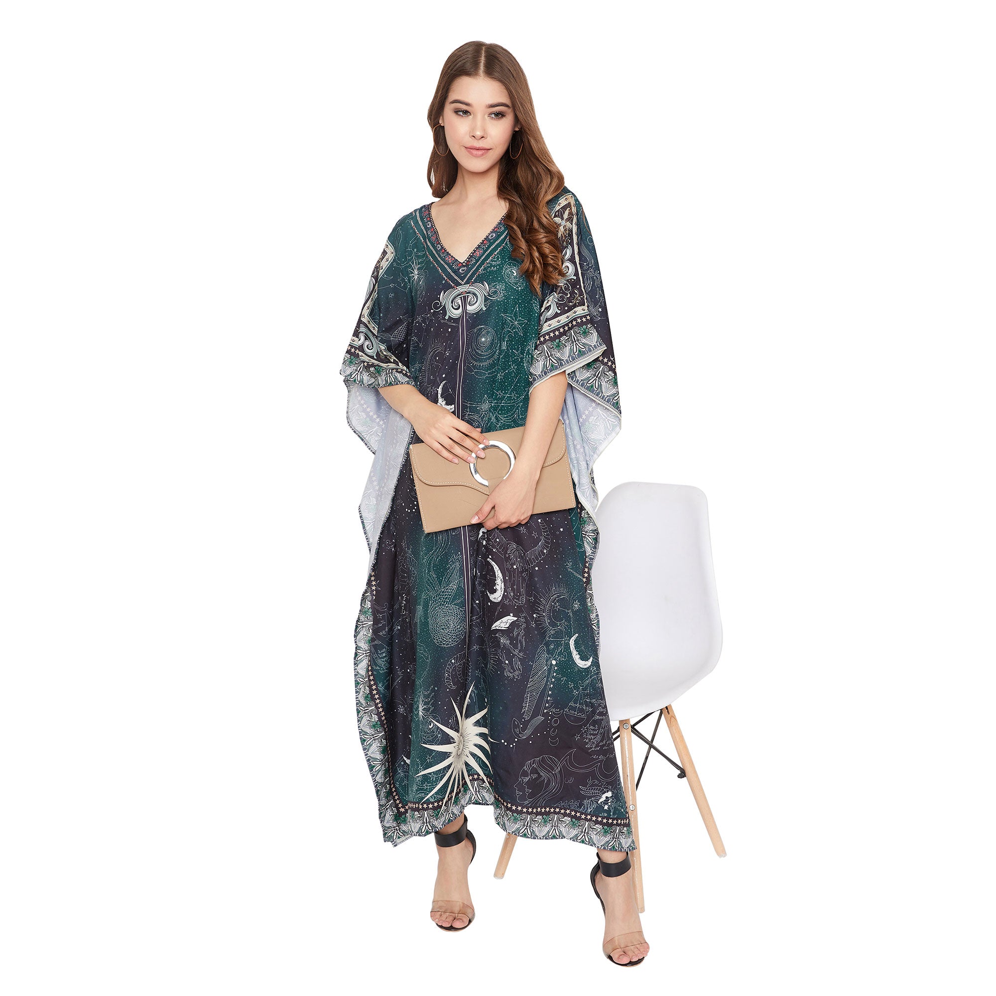 Teal Zodiac Pattern Polyester Kaftan For Plus Size Women