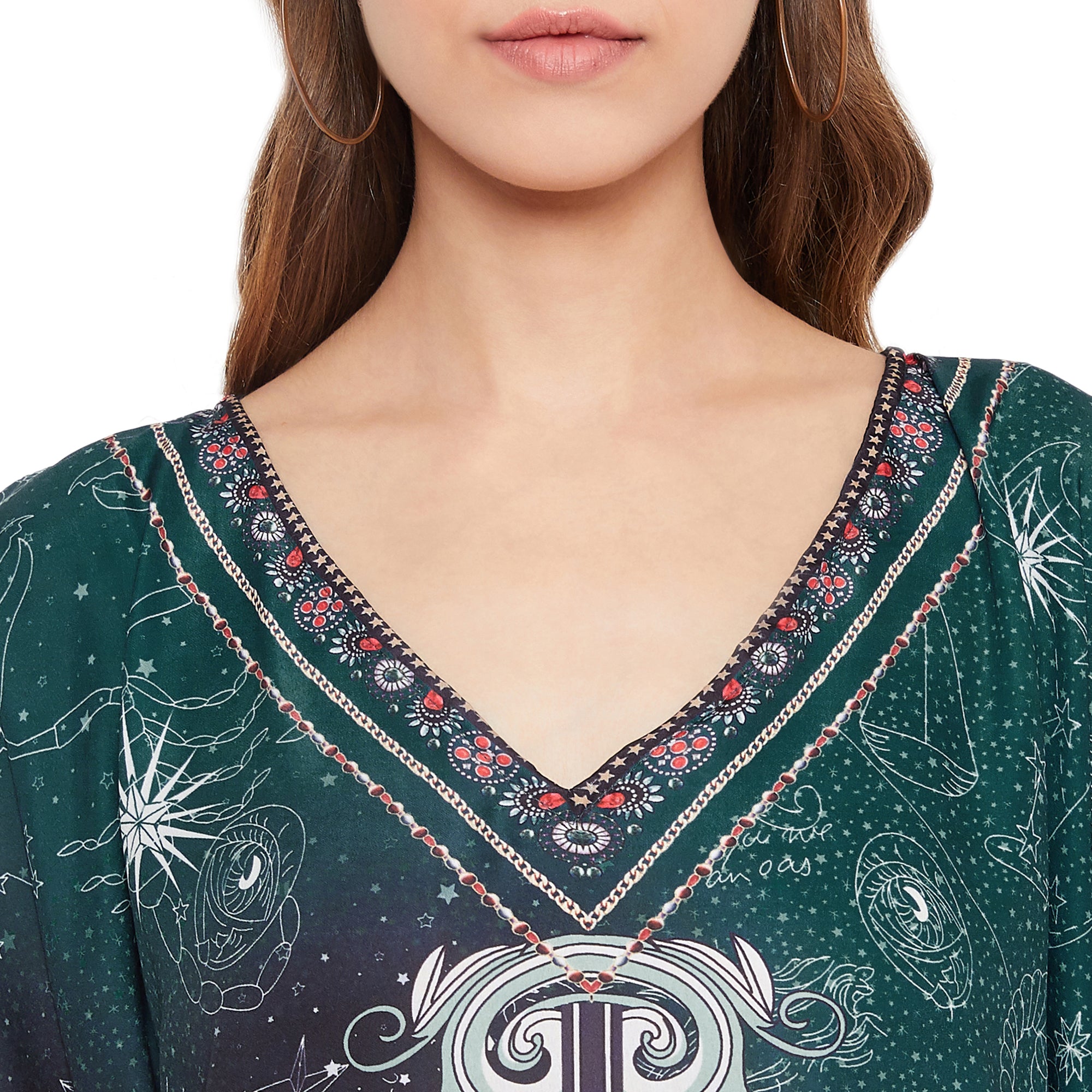 Teal Zodiac Pattern Polyester Kaftan For Plus Size Women