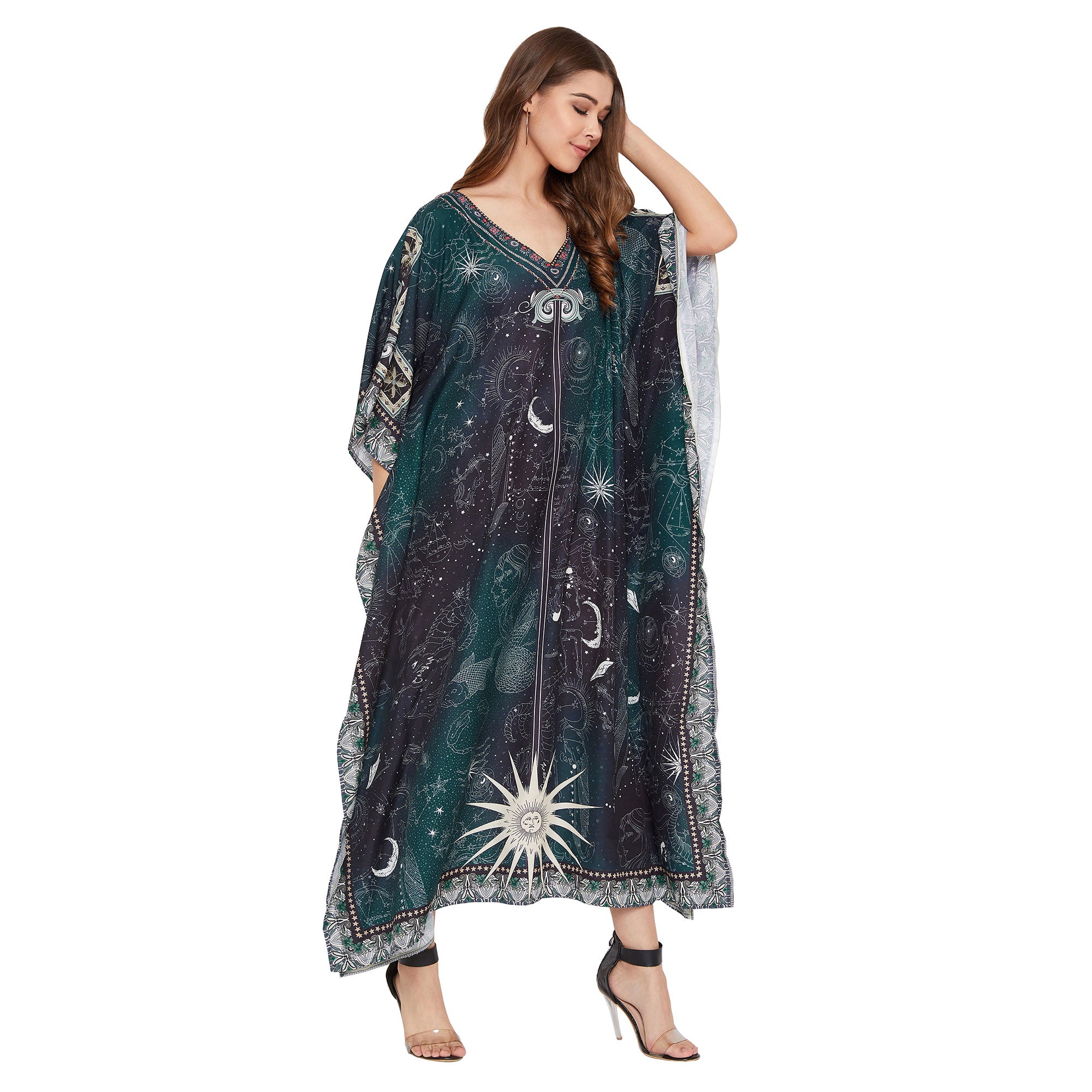 Teal Zodiac Pattern Polyester Kaftan For Plus Size Women