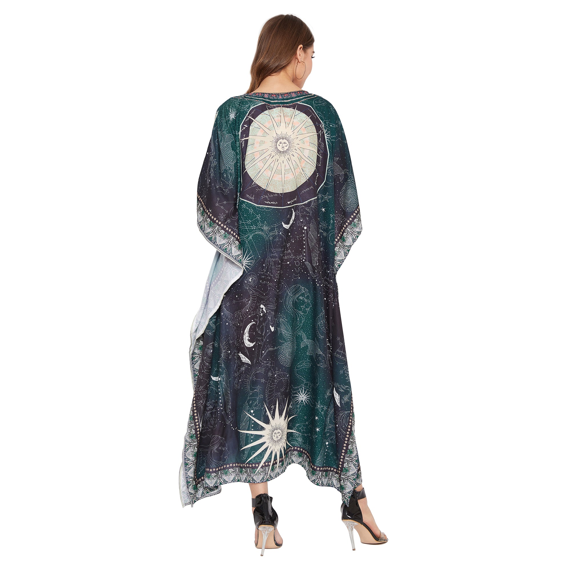 Teal Zodiac Pattern Polyester Kaftan For Plus Size Women