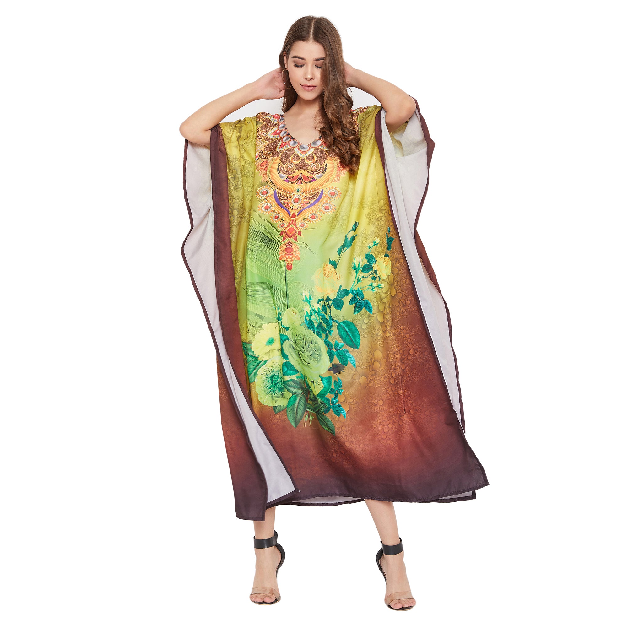 Brown Floral Digital Print Plus Size Polyester Kaftan For Women