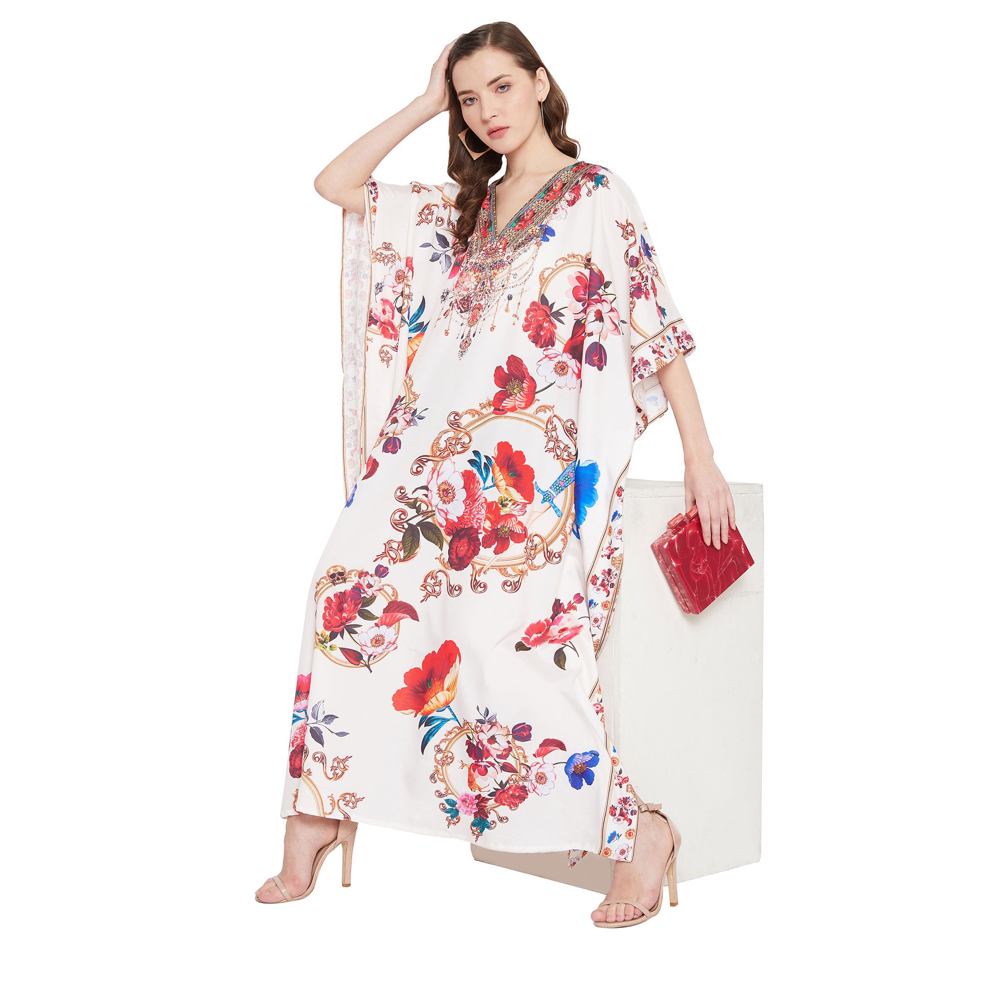 Multicolor Polyester Floral Caftan Dress For Plus Size Women