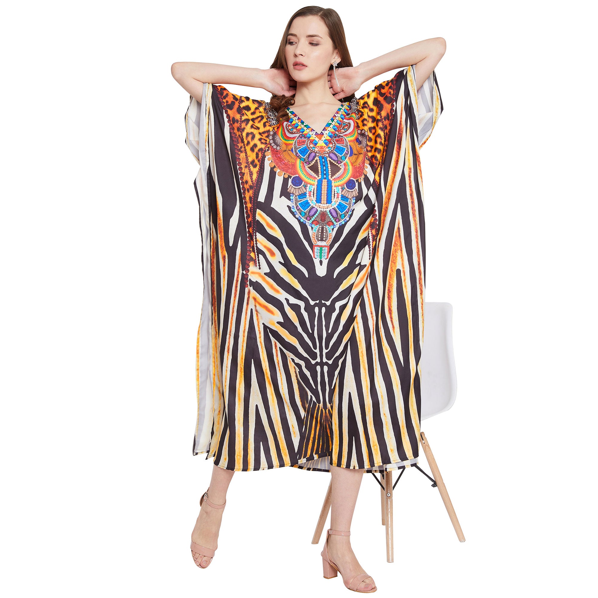 Leopard Print Yellow Boho Plus Size Polyester Kaftan For Women