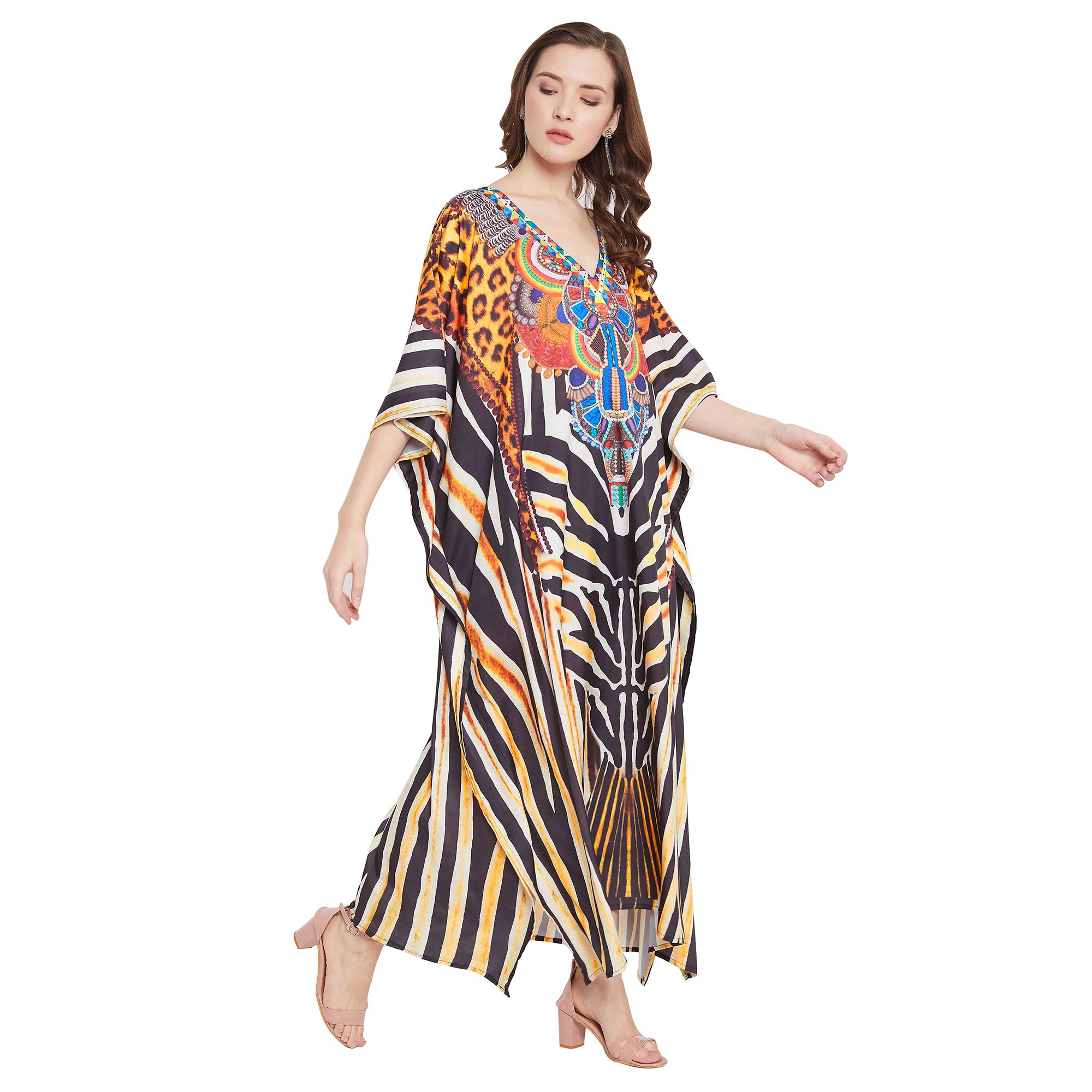 Leopard Print Yellow Boho Plus Size Polyester Kaftan For Women