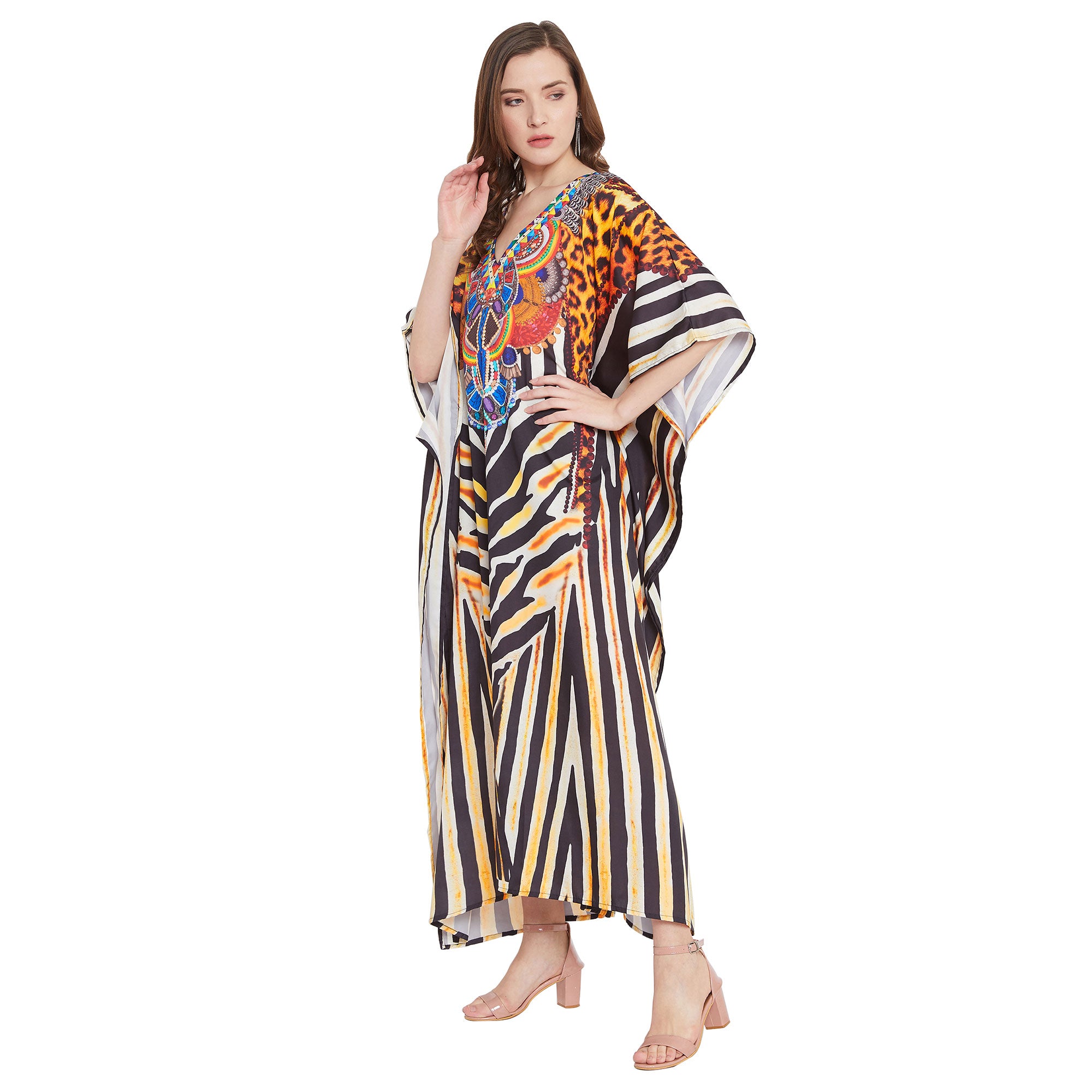 Leopard Print Yellow Boho Plus Size Polyester Kaftan For Women