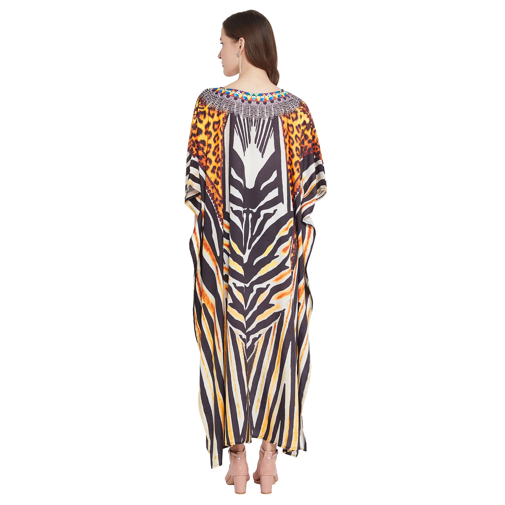 Leopard Print Yellow Boho Plus Size Polyester Kaftan For Women