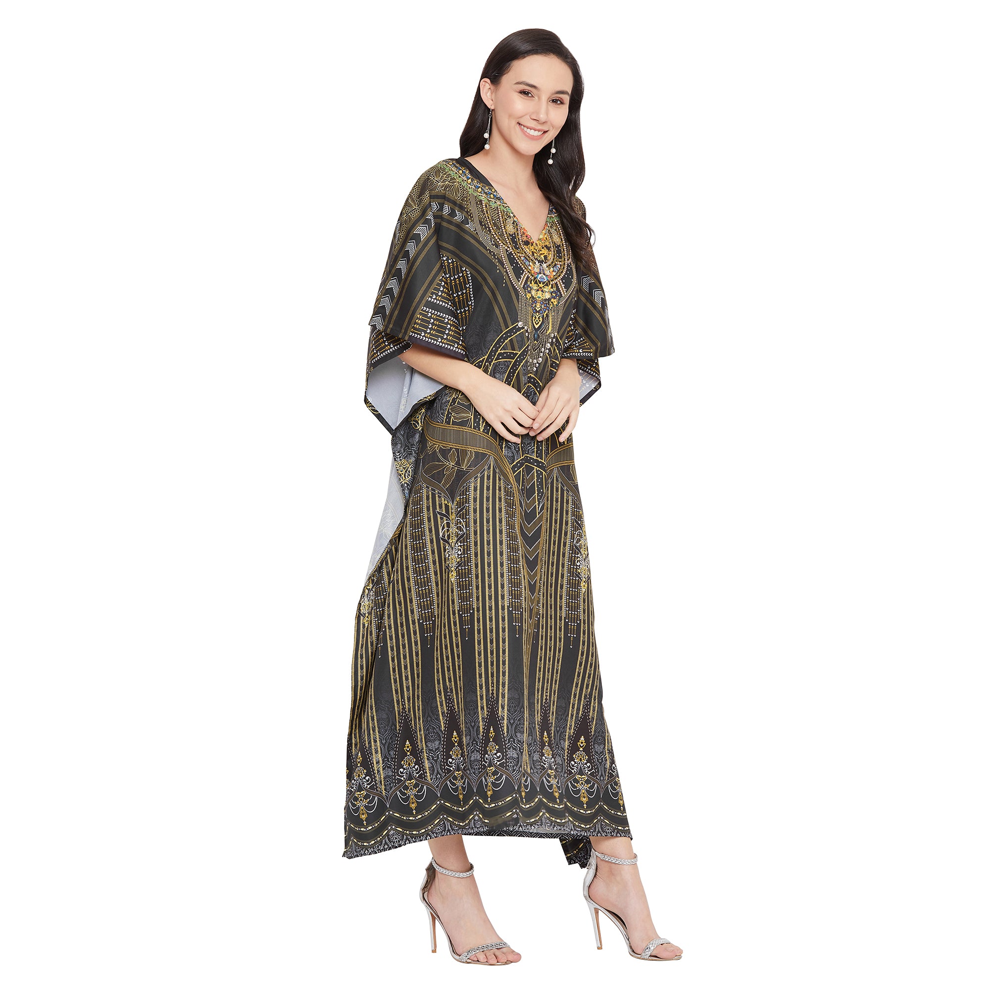 Digital Printed Kimono Sleeve Maxi Kaftan For Plus Size Women