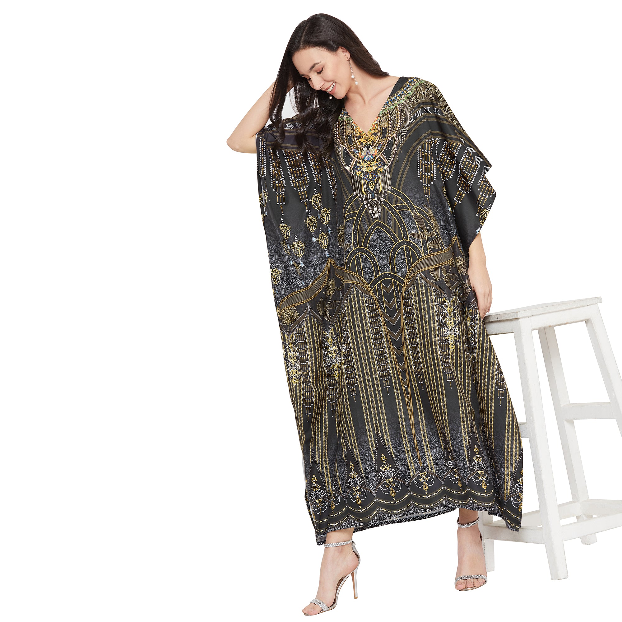 Digital Printed Kimono Sleeve Maxi Kaftan For Plus Size Women