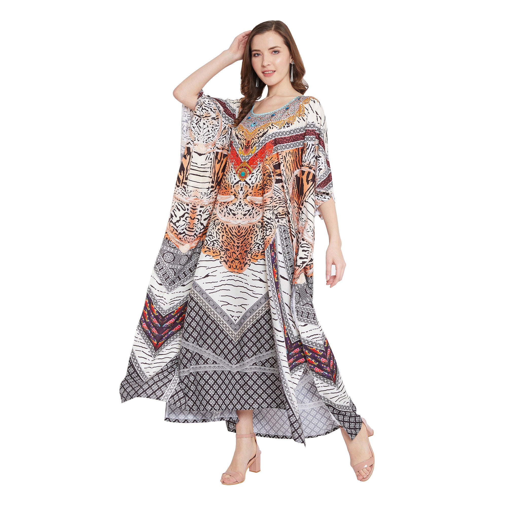 Long Leopard Multicolor Polyester Kaftan For Plus Size Women