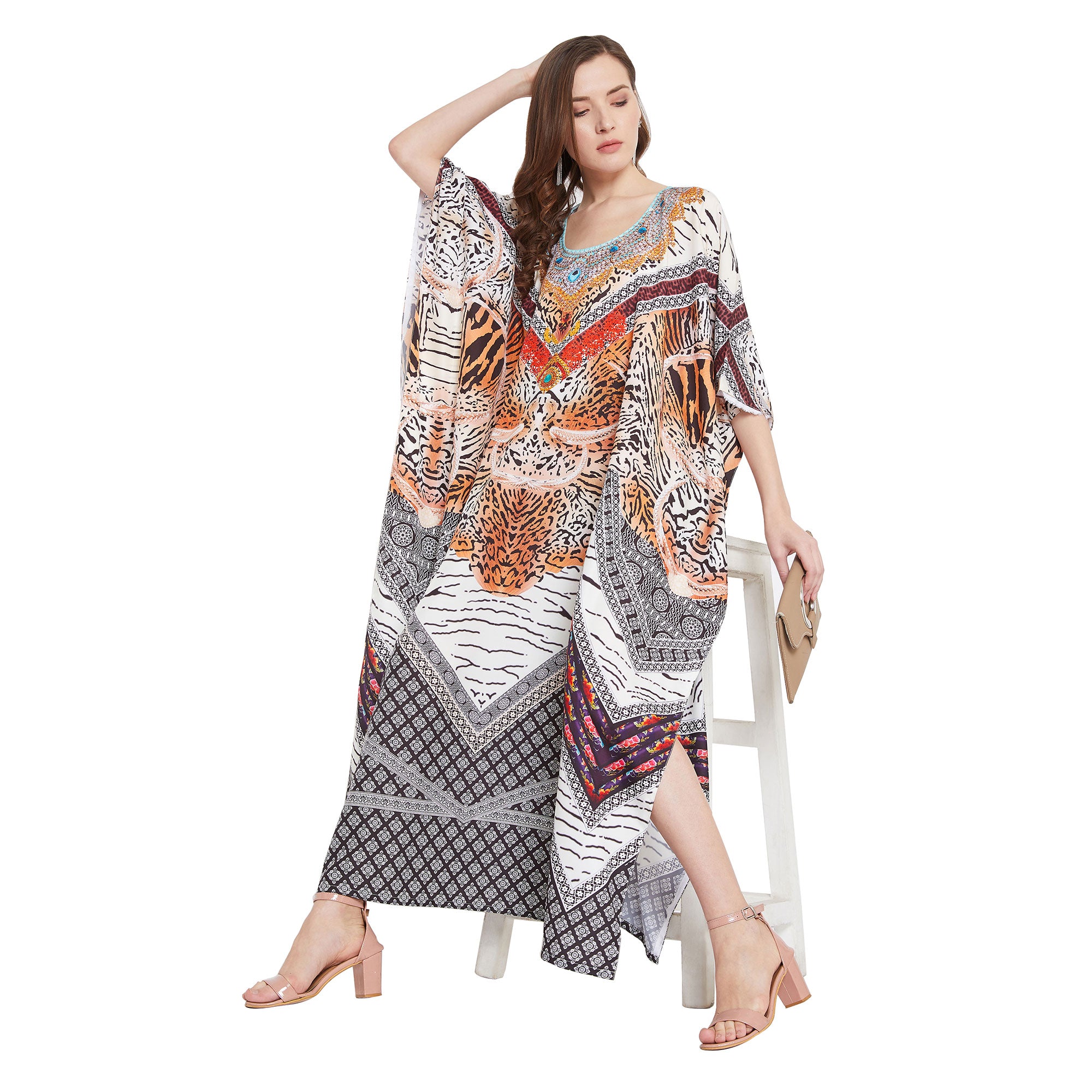 Long Leopard Multicolor Polyester Kaftan For Plus Size Women