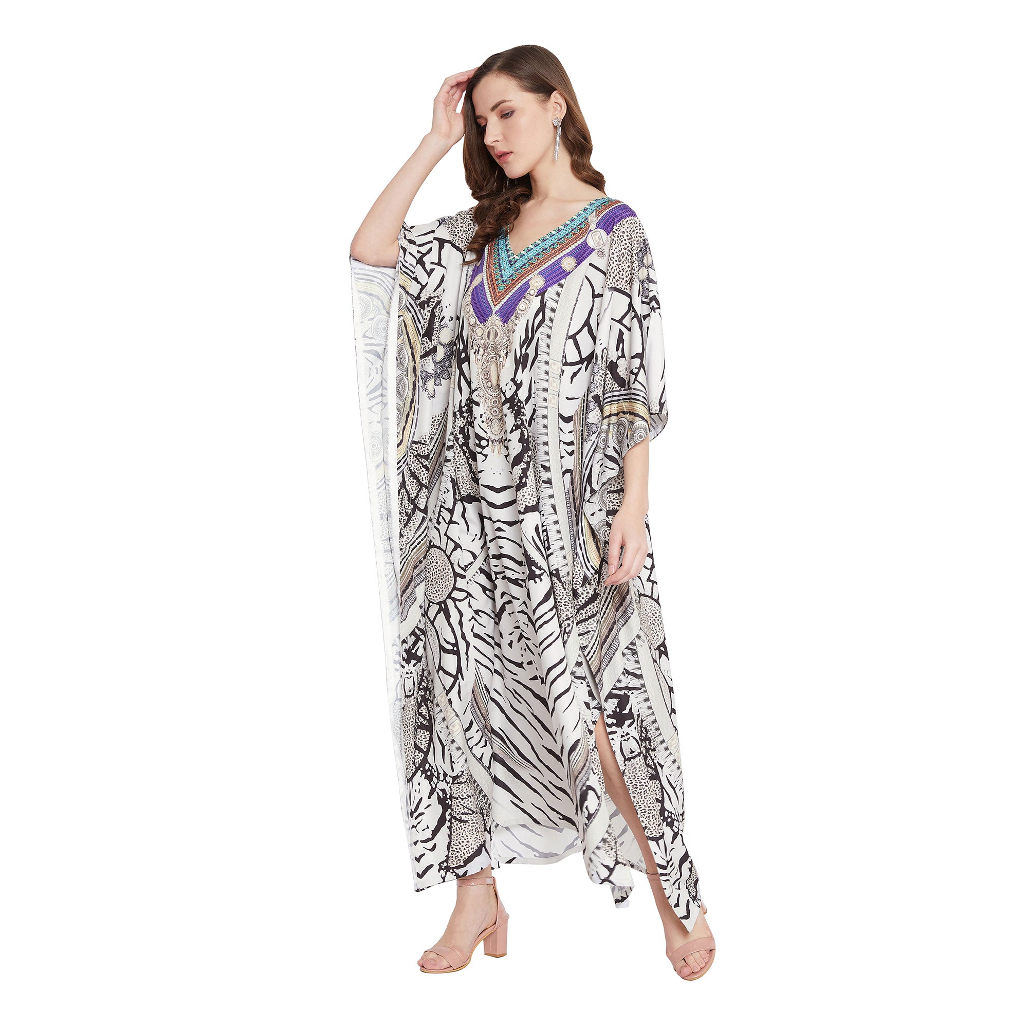 Partywear White Abstract Print Plus Size Maxi Kaftan For Women