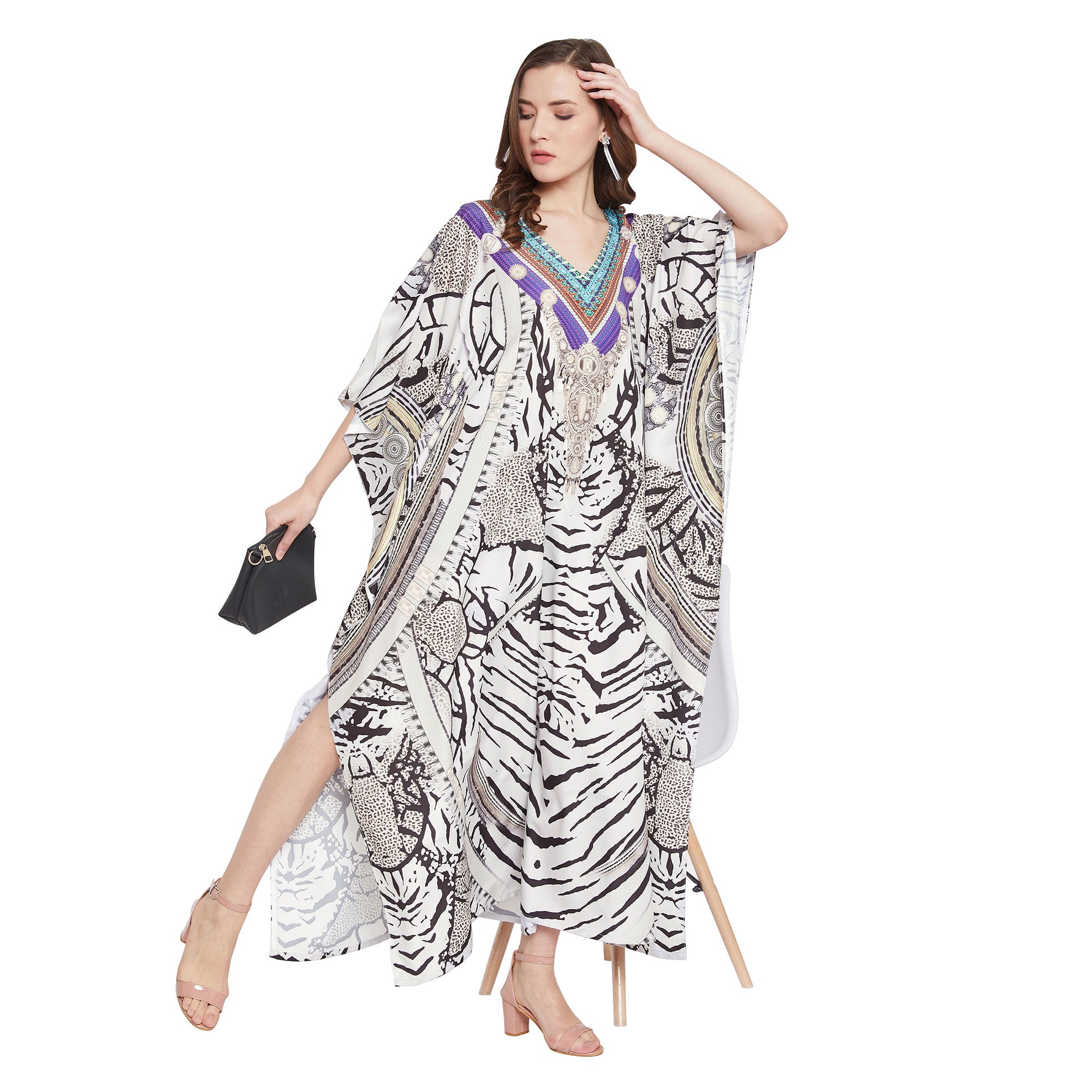 Partywear White Abstract Print Plus Size Maxi Kaftan For Women