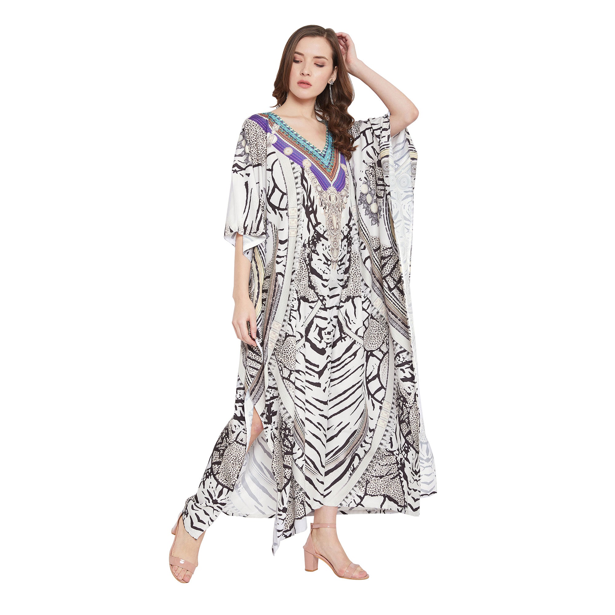 Partywear White Abstract Print Plus Size Maxi Kaftan For Women