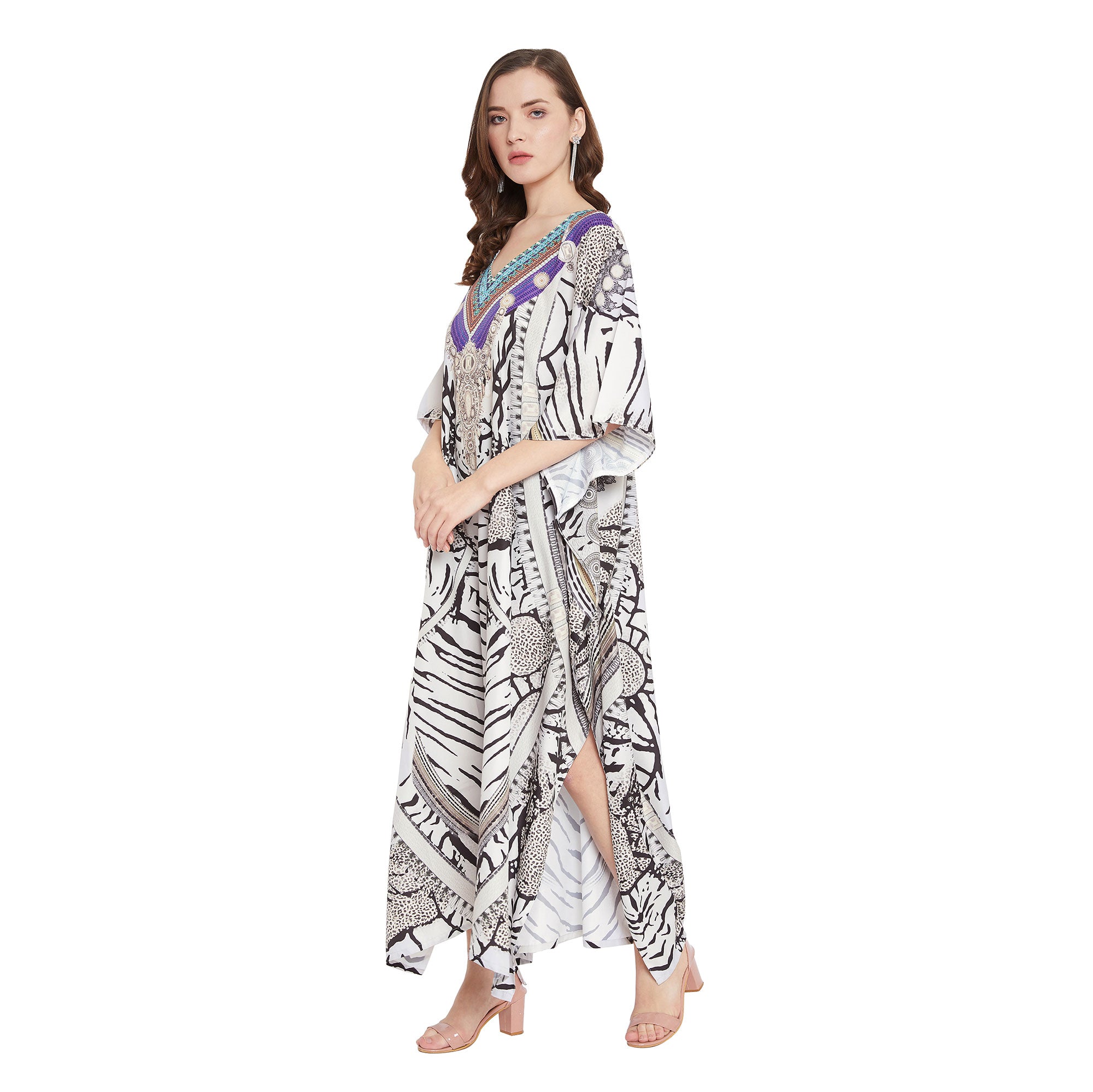 Partywear White Abstract Print Plus Size Maxi Kaftan For Women