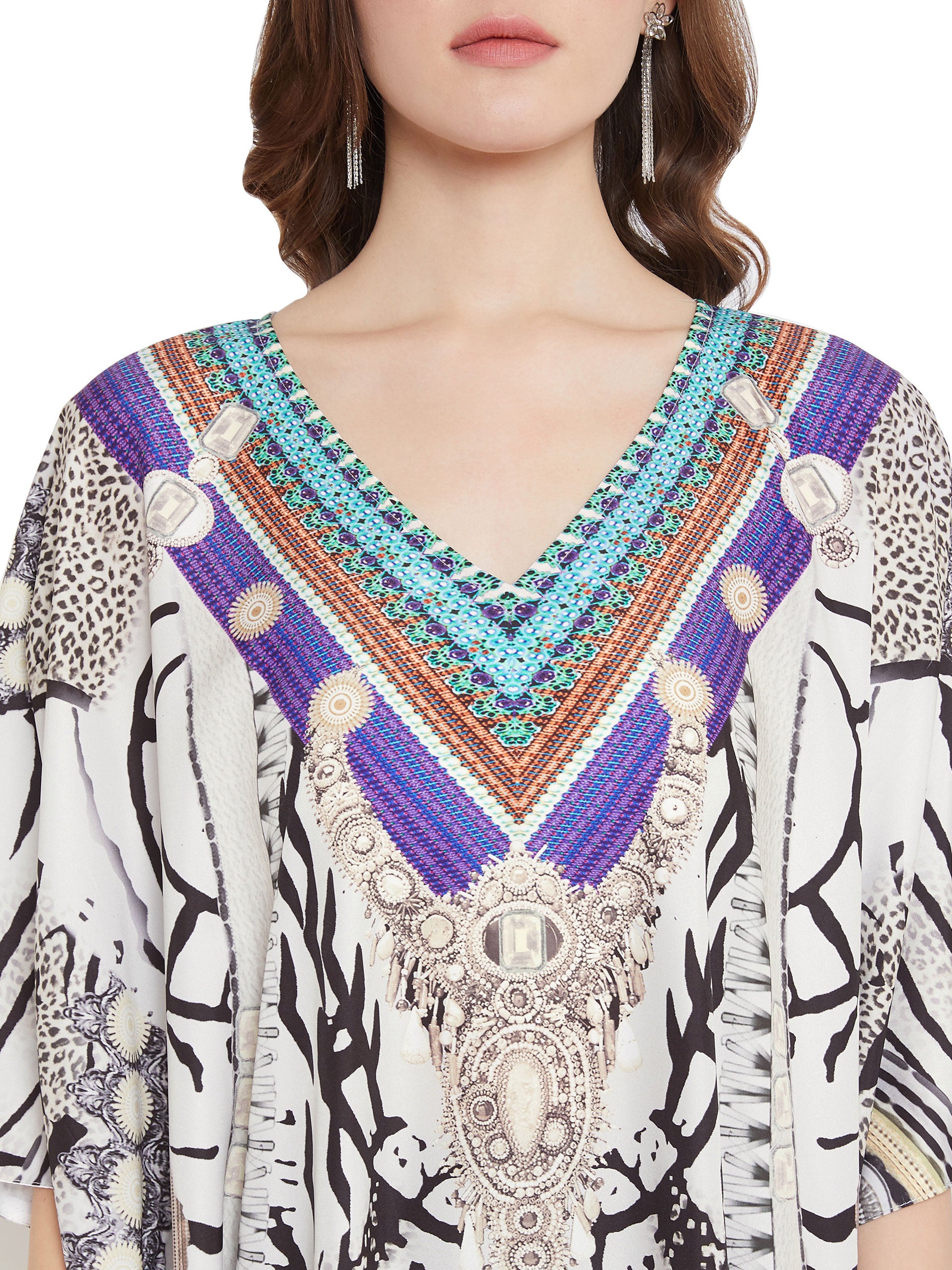 Partywear White Abstract Print Plus Size Maxi Kaftan For Women