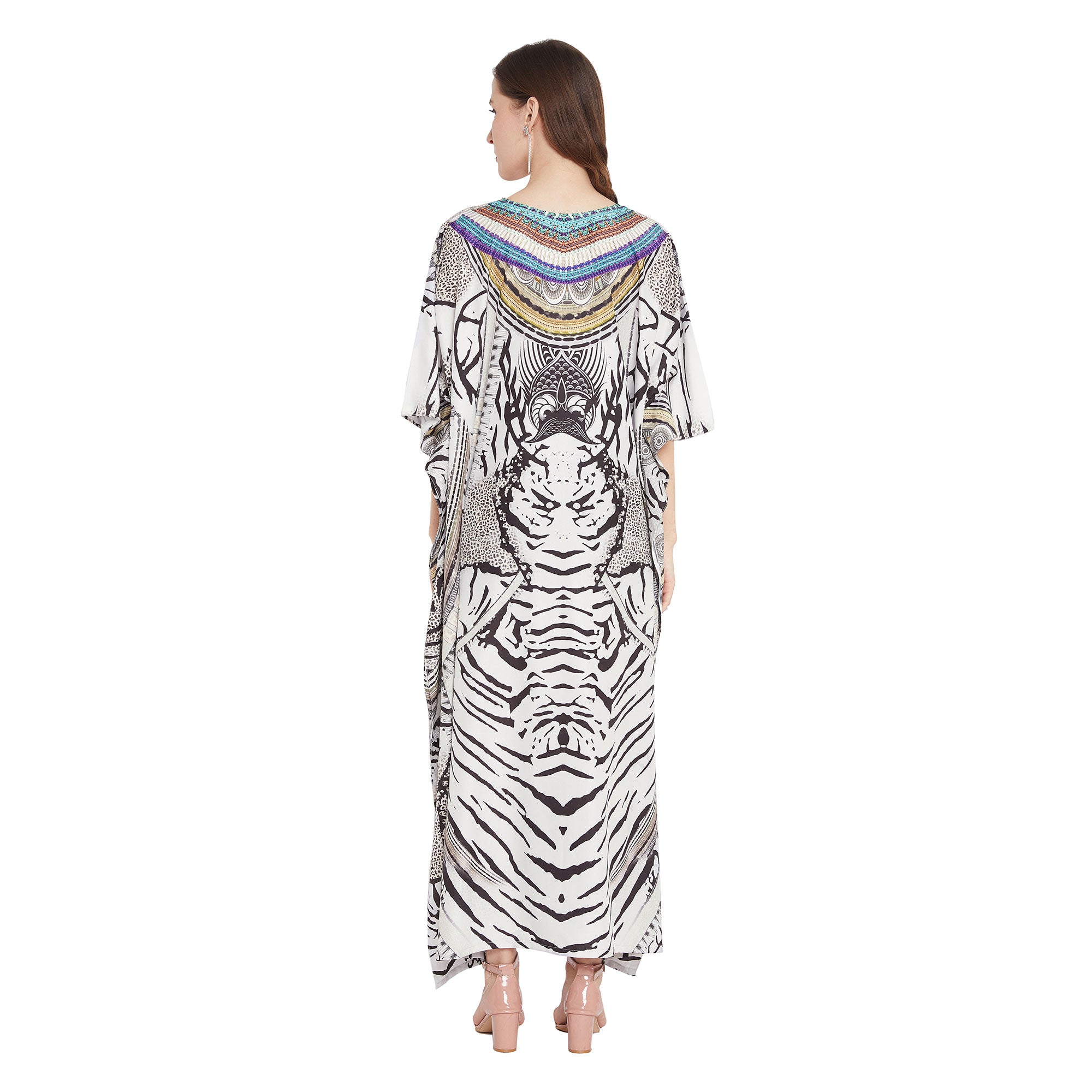 Partywear White Abstract Print Plus Size Maxi Kaftan For Women