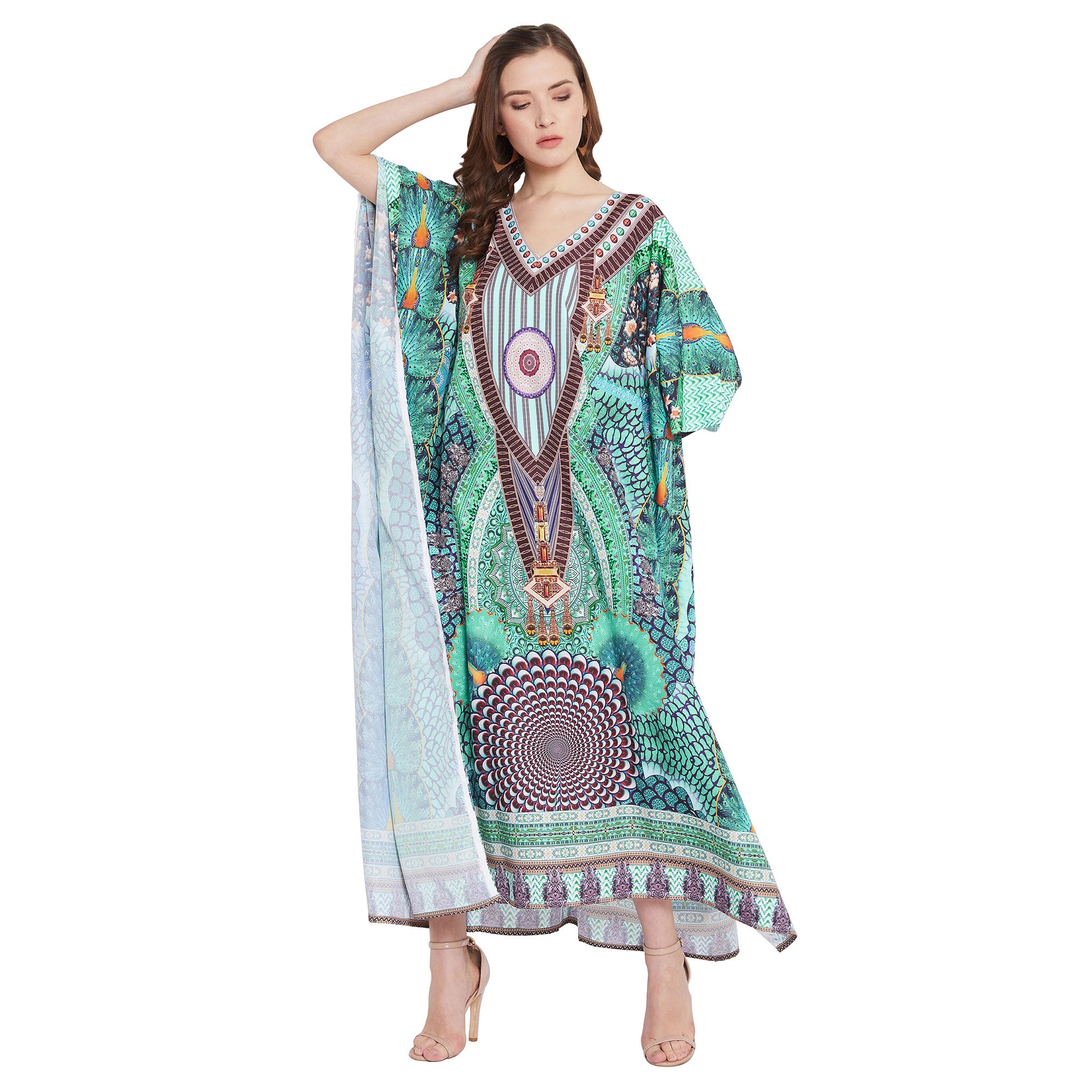 Peacock Print Polyester Kimono Sleeve Plus Size Kaftan For Women