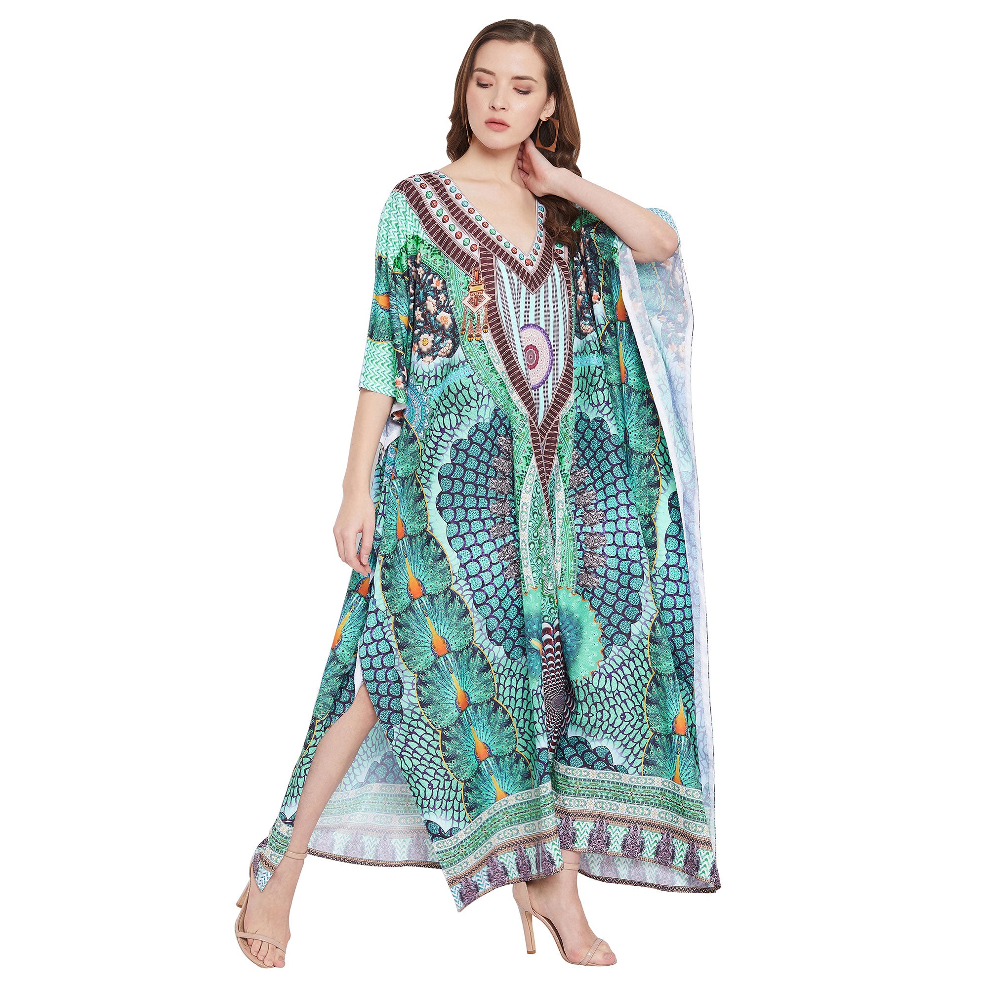 Peacock Print Polyester Kimono Sleeve Plus Size Kaftan For Women